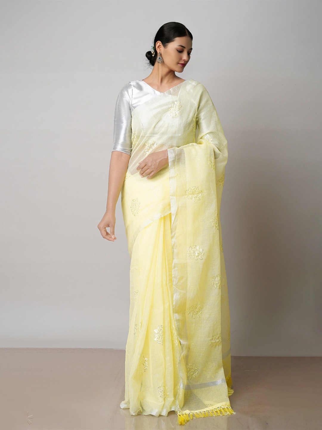 

Unnati Silks Tie and Dye Embroidered Pure Cotton Handloom Kota Saree, Yellow