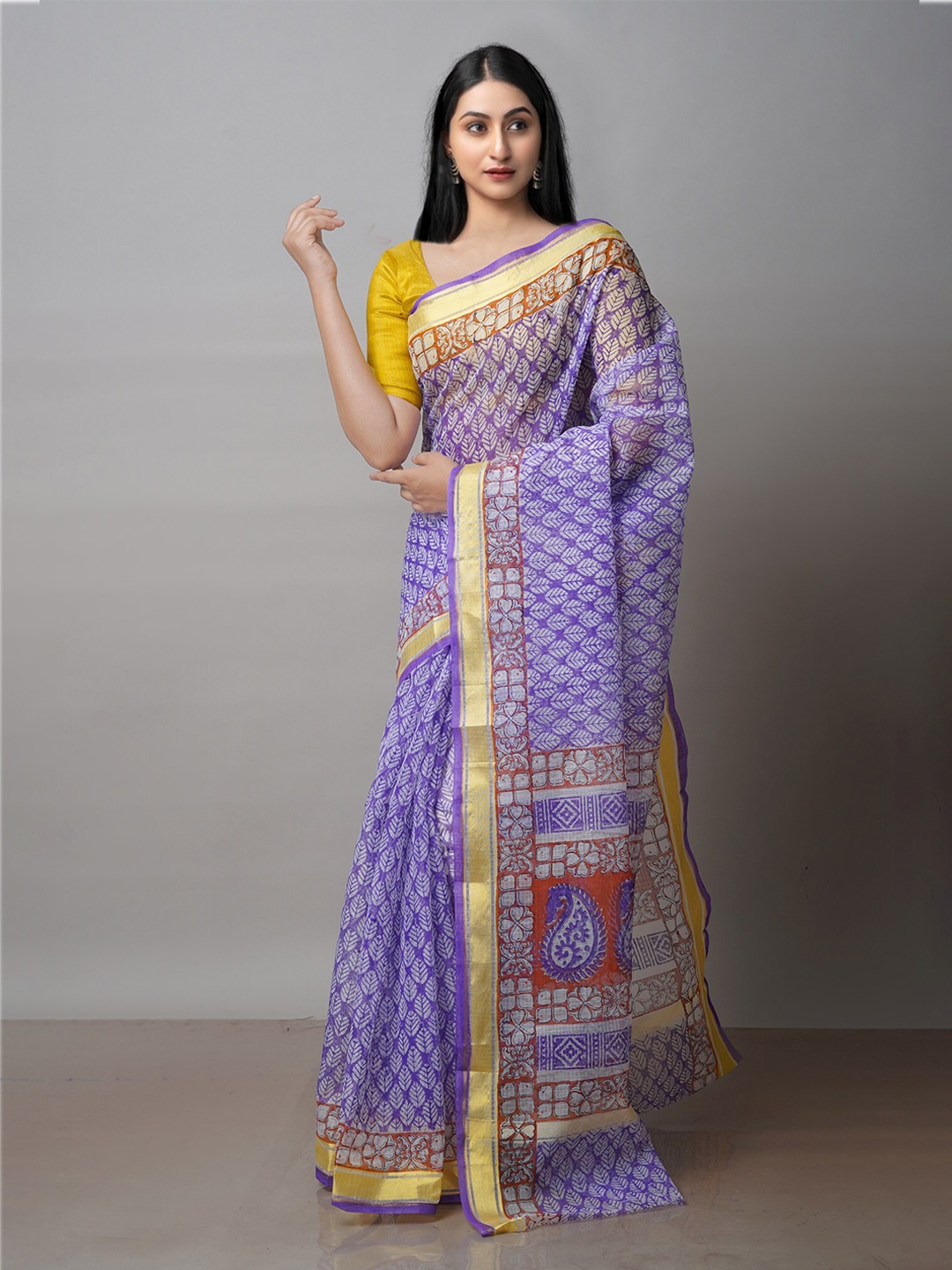 

Unnati Silks Ethnic Motif Block Print Pure Cotton Kota Zari Saree With Blouse Piece, Purple