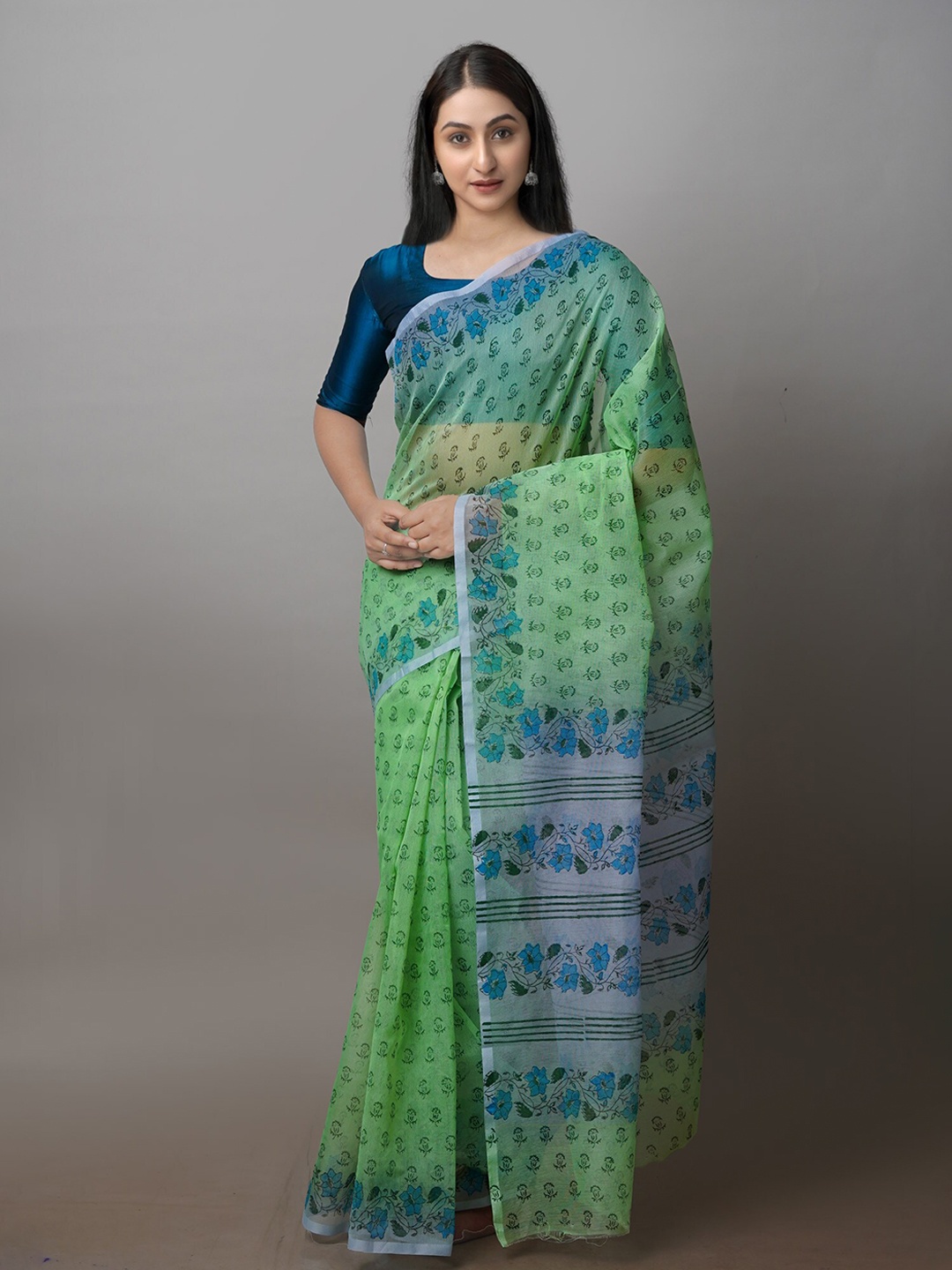 

Unnati Silks Ethnic Motifs Supernet Block Print Saree, Green