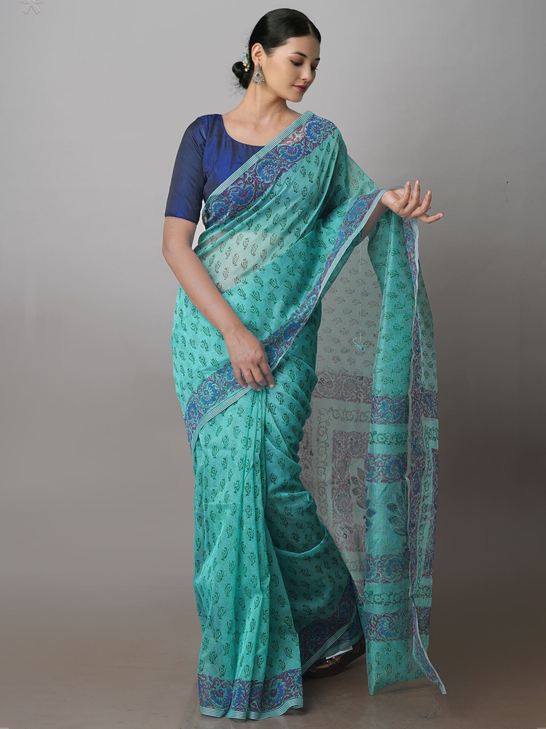 

Unnati Silks Ethnic Motifs Block Printed Supernet Saree, Green