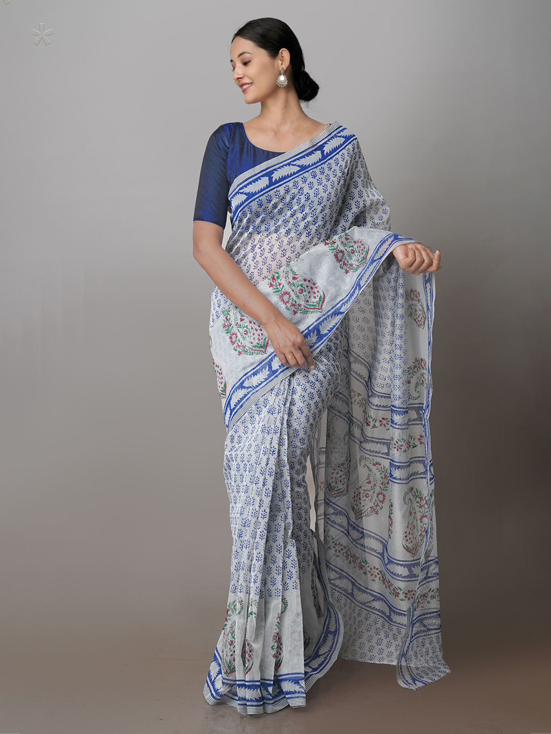 

Unnati Silks Ethnic Motifs Block Printed Saree, Blue