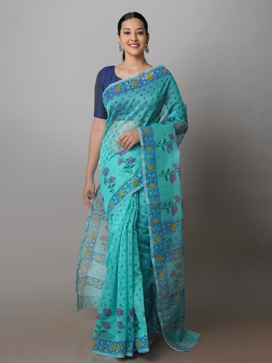 

Unnati Silks Ethnic Motifs Printed Supernet Block Print Saree, Green