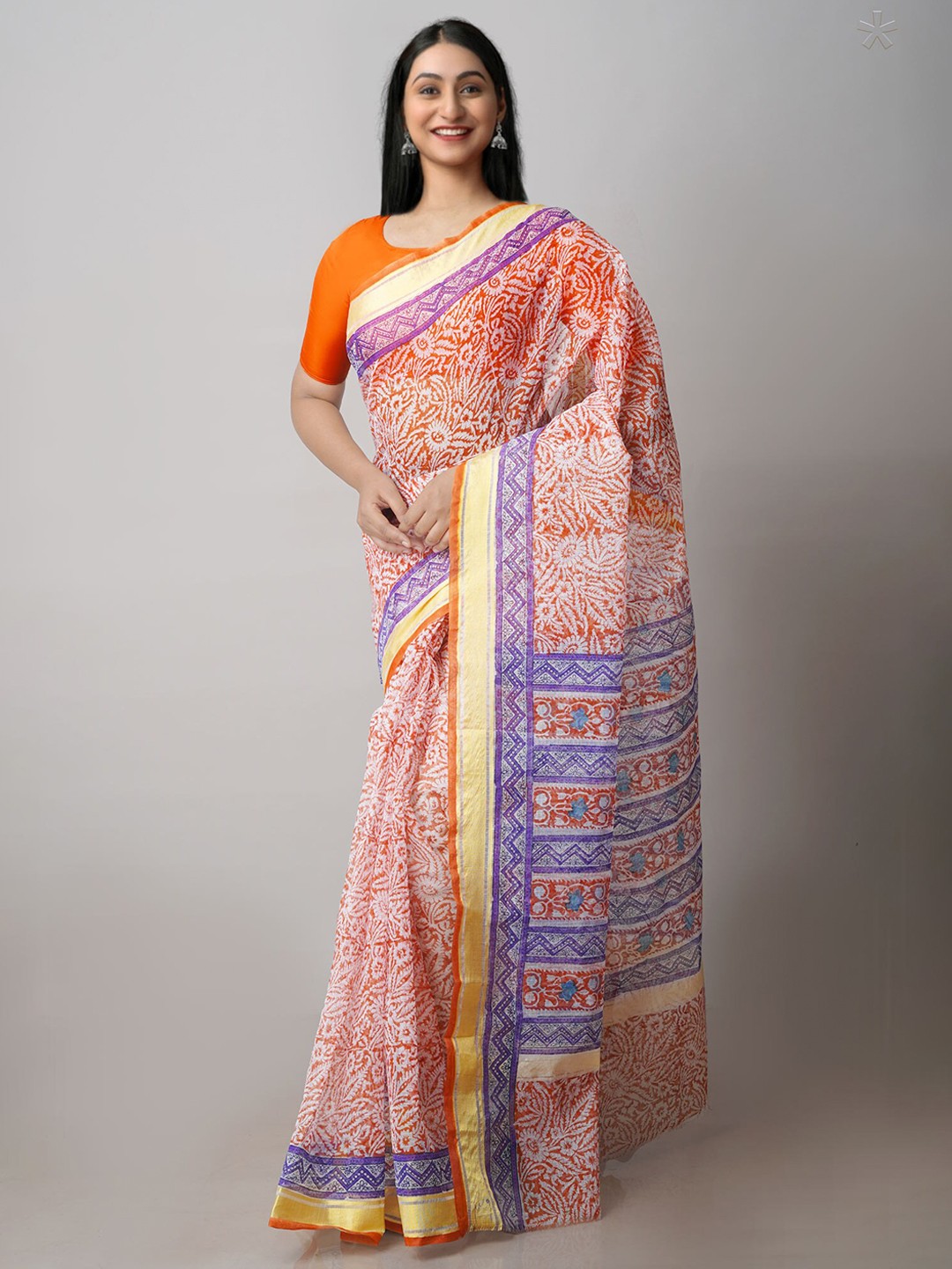 

Unnati Silks Ethnic Motifs Printed Pure Cotton Zari Kota Saree, Orange