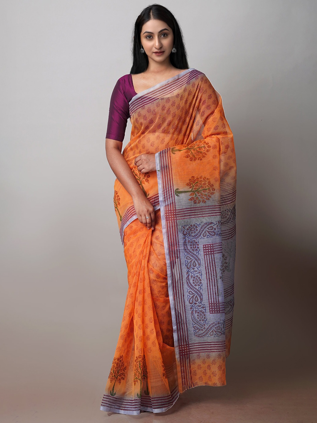 

Unnati Silks Ethnic Motifs Printed Supernet Block Print Saree, Orange