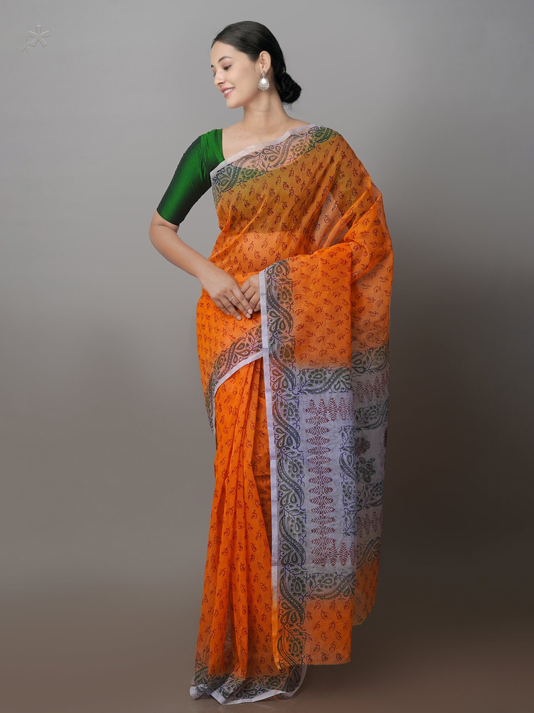 

Unnati Silks Ethnic Motifs Supernet Block Print Saree, Orange