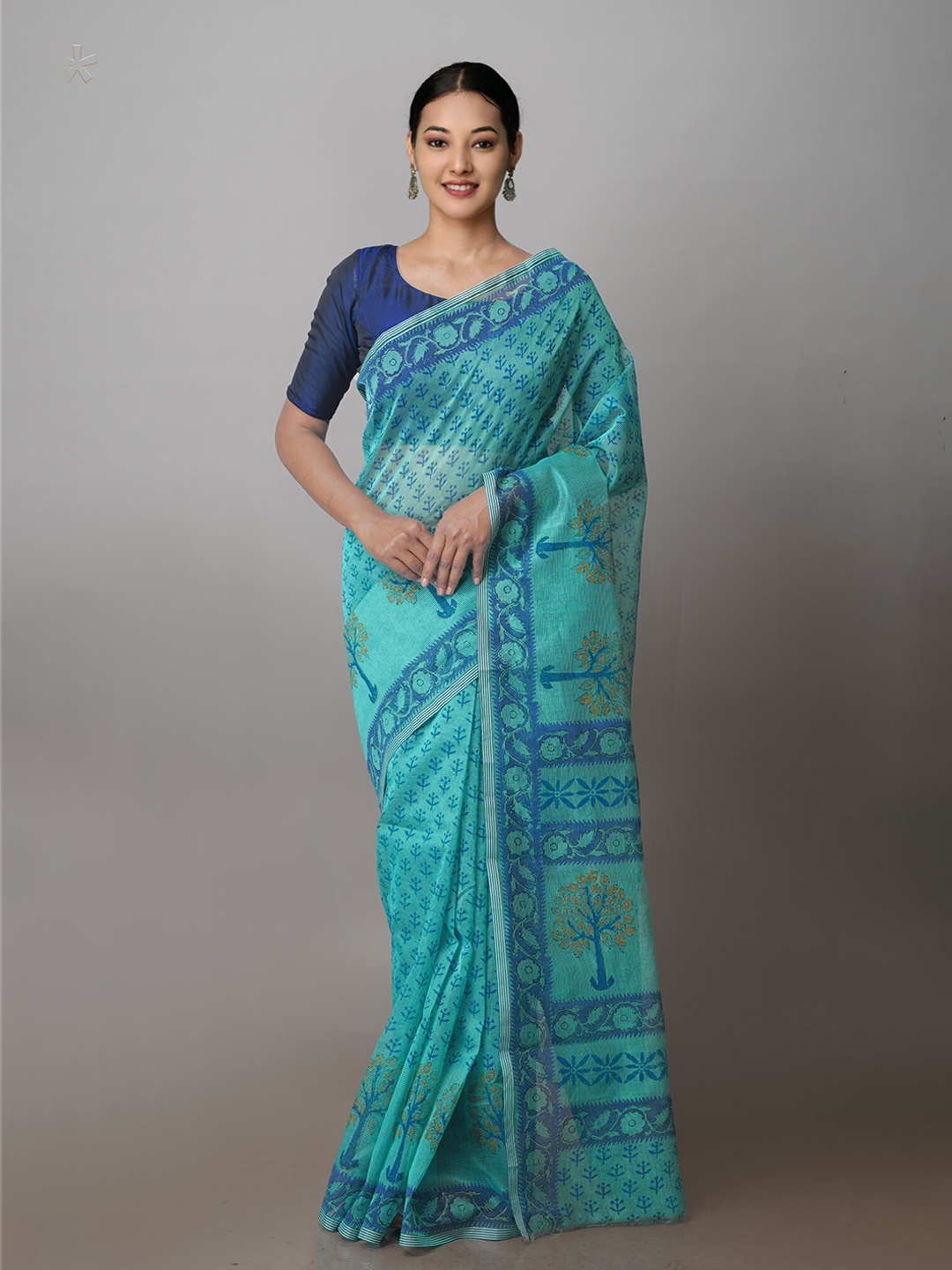 

Unnati Silks Ethnic Motifs Block Printed Saree, Turquoise blue
