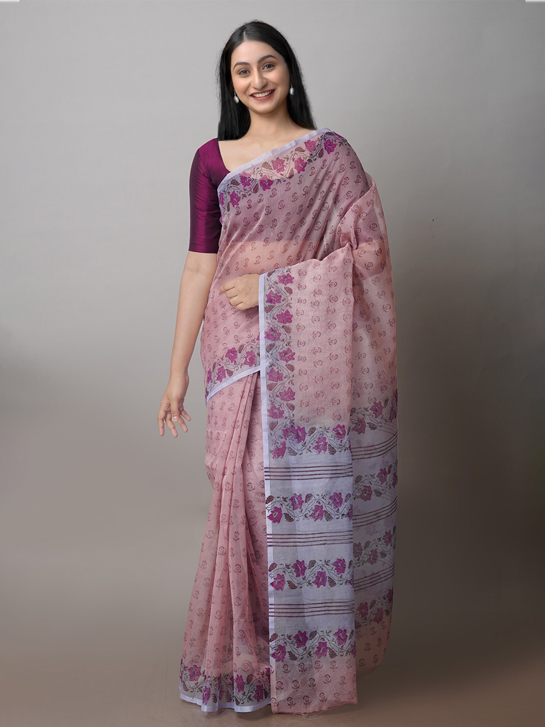 

Unnati Silks Ethnic Motifs Printed Supernet Block Print Saree, Brown