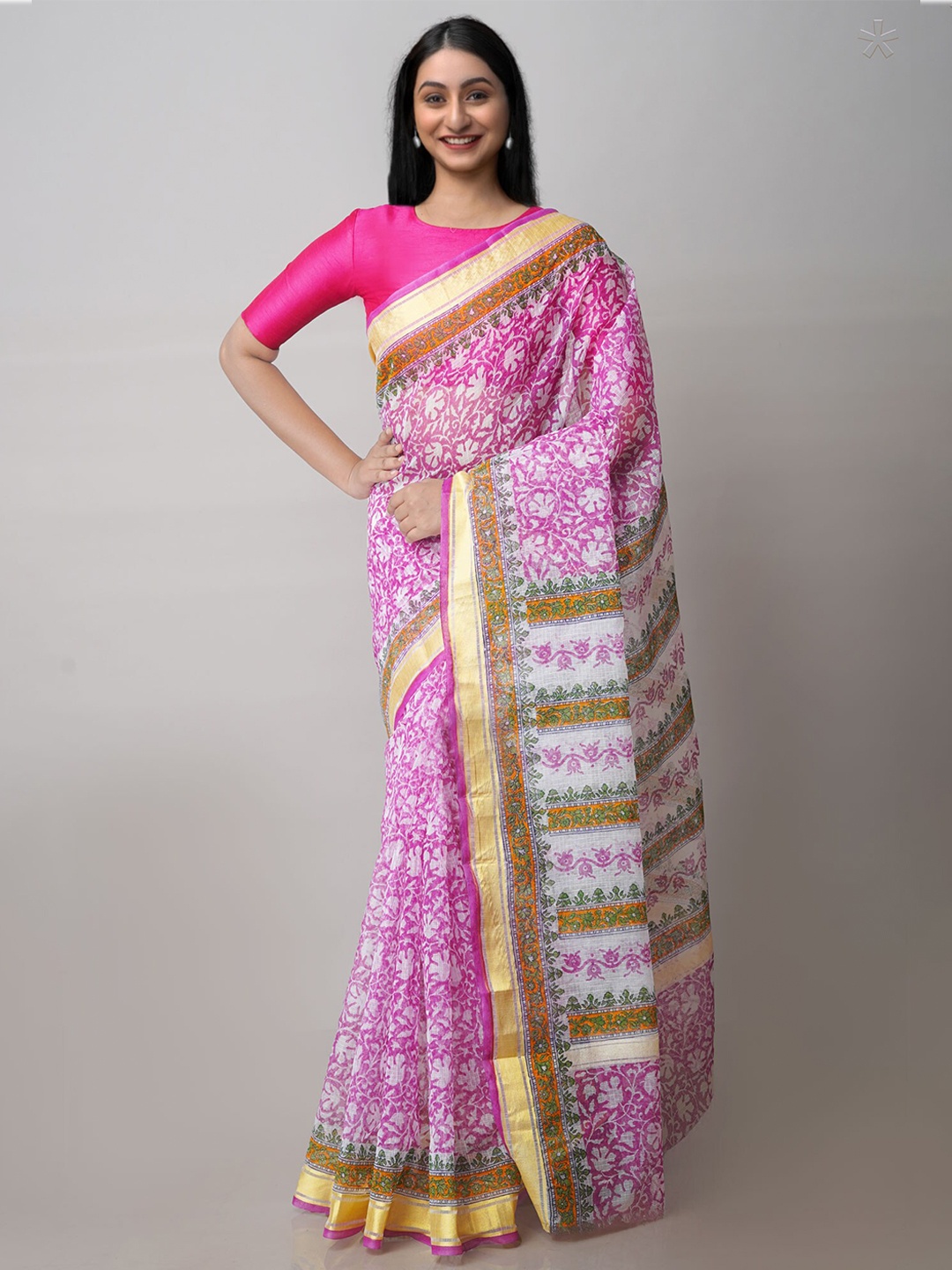 

Unnati Silks Floral Printed Zari Pure Cotton Handloom Kota Saree, Pink
