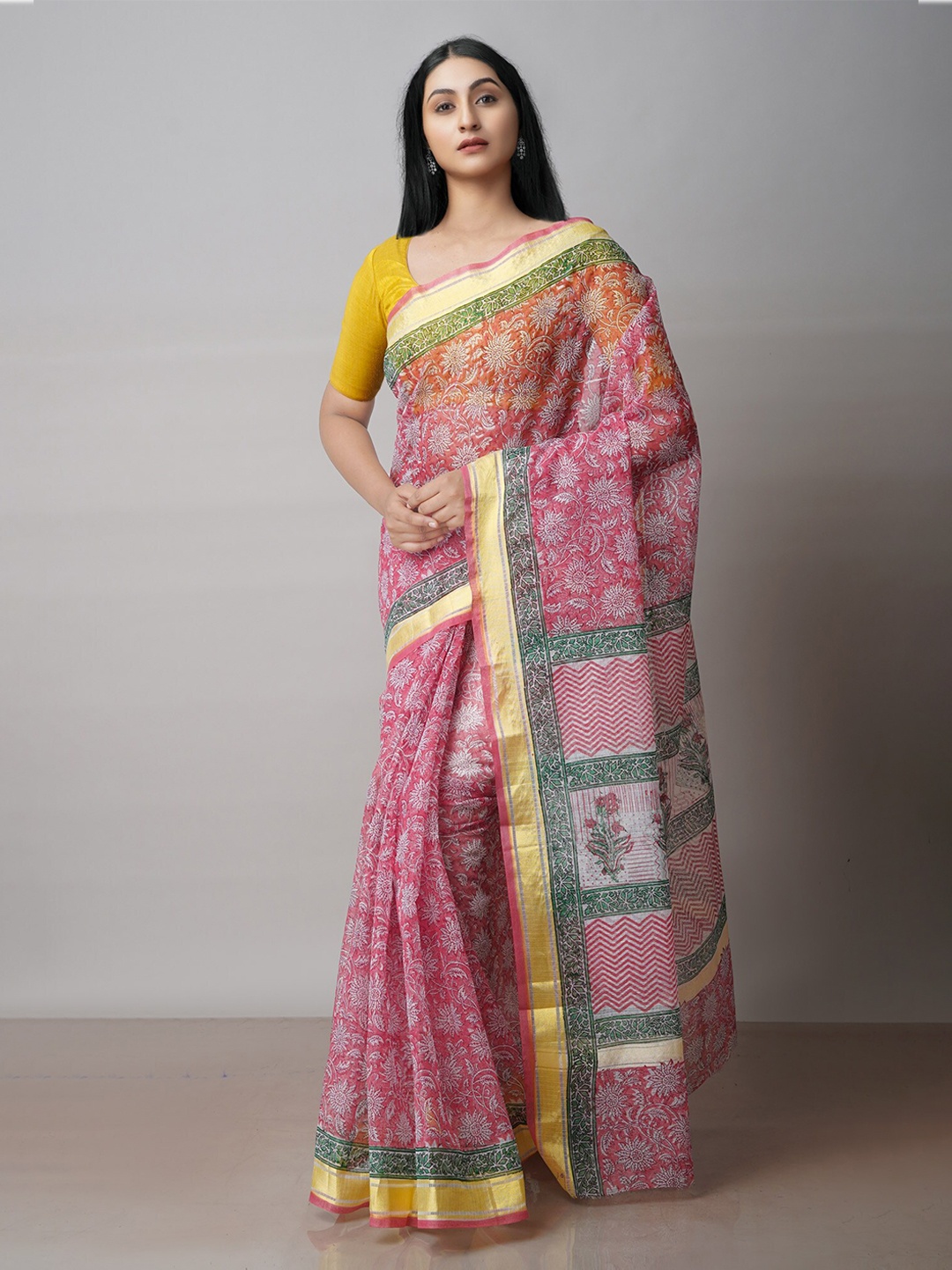 

Unnati Silks Floral Block Print Pure Cotton Kota Zari Saree With Blouse Piece, Red