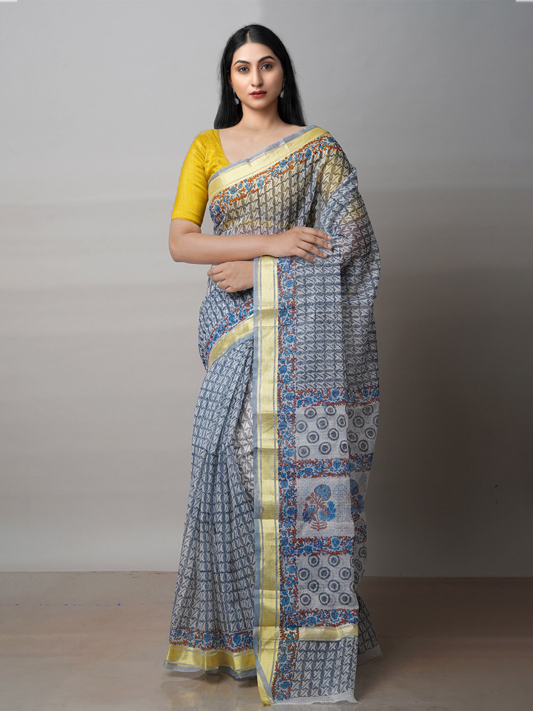 

Unnati Silks Ethnic Motifs Zari Pure Cotton Kota Saree, Grey