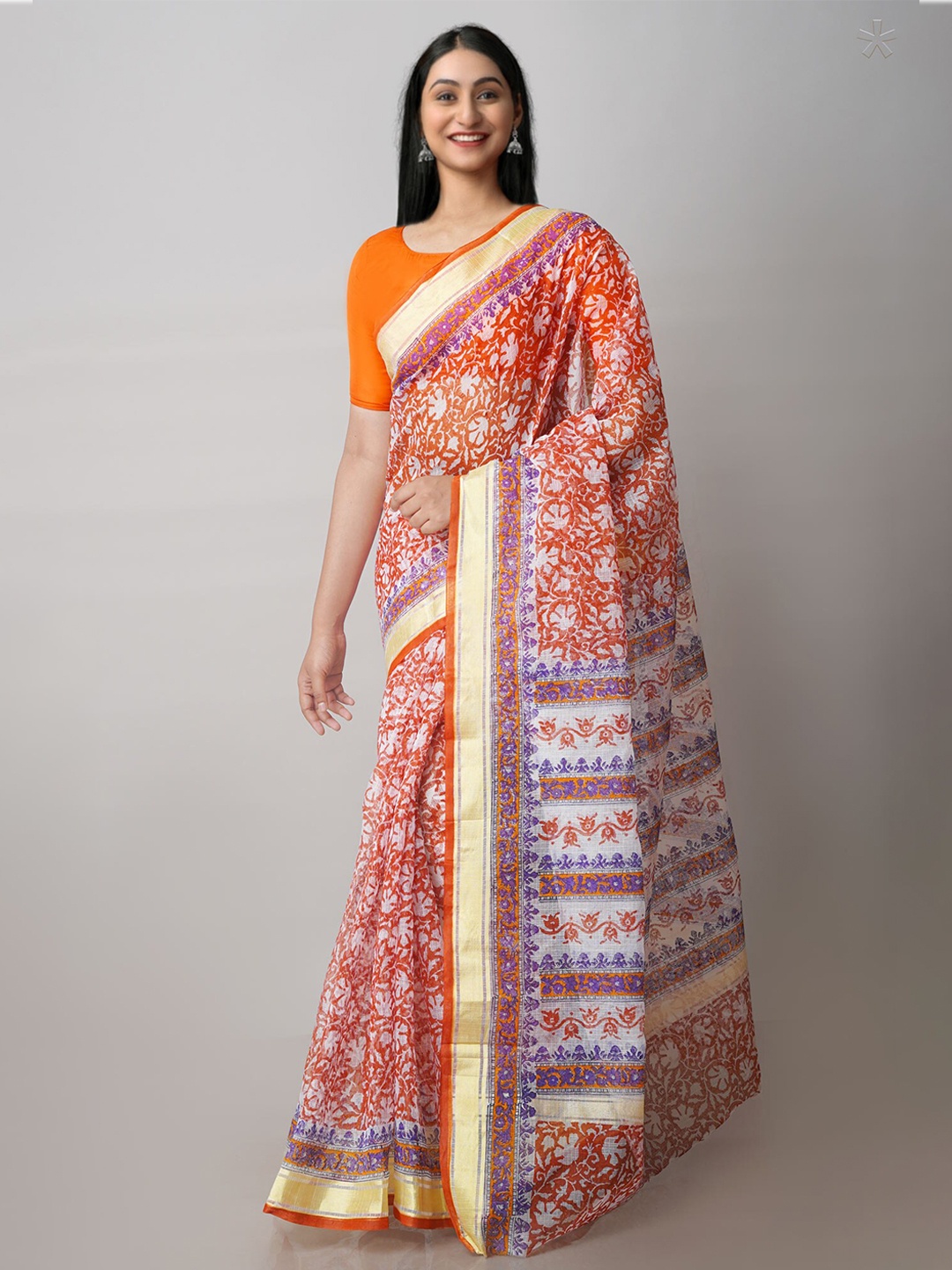 

Unnati Silks Floral Printed Pure Cotton Kota Saree, Orange