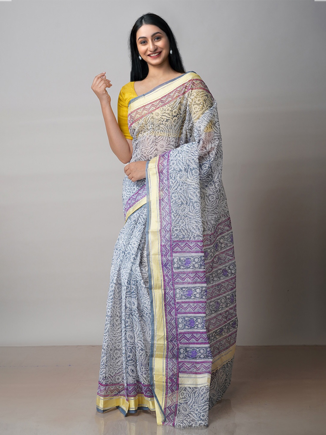 

Unnati Silks Floral Printed Pure Cotton Handloom Kota Saree, Grey