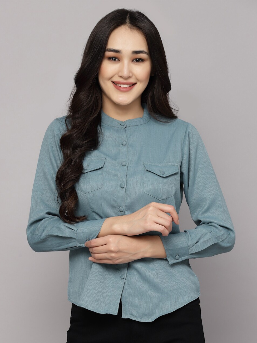 

aayu Straight Mandarin Collar Cotton Casual Shirt, Green