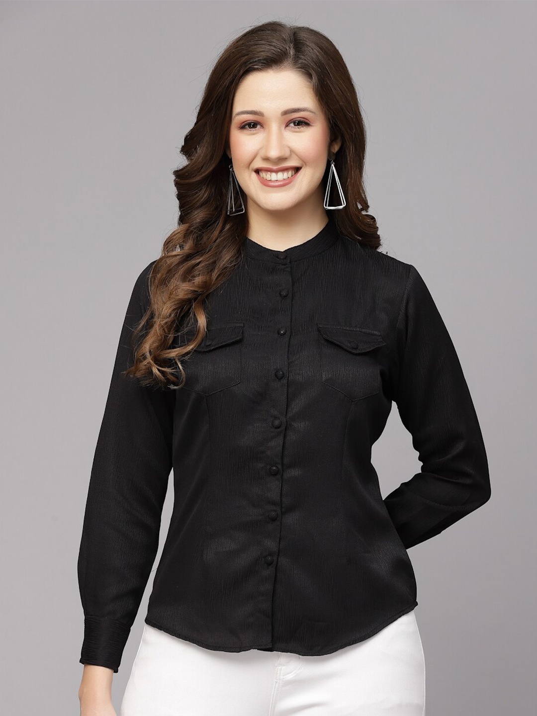 

aayu Band Collar Long Sleeves Cotton Casual Shirt, Black