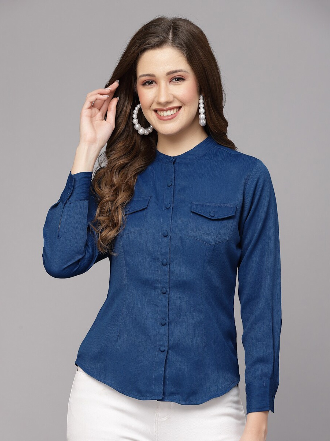 

aayu Straight Band Collar Long Sleeves Cotton Casual Shirt, Navy blue