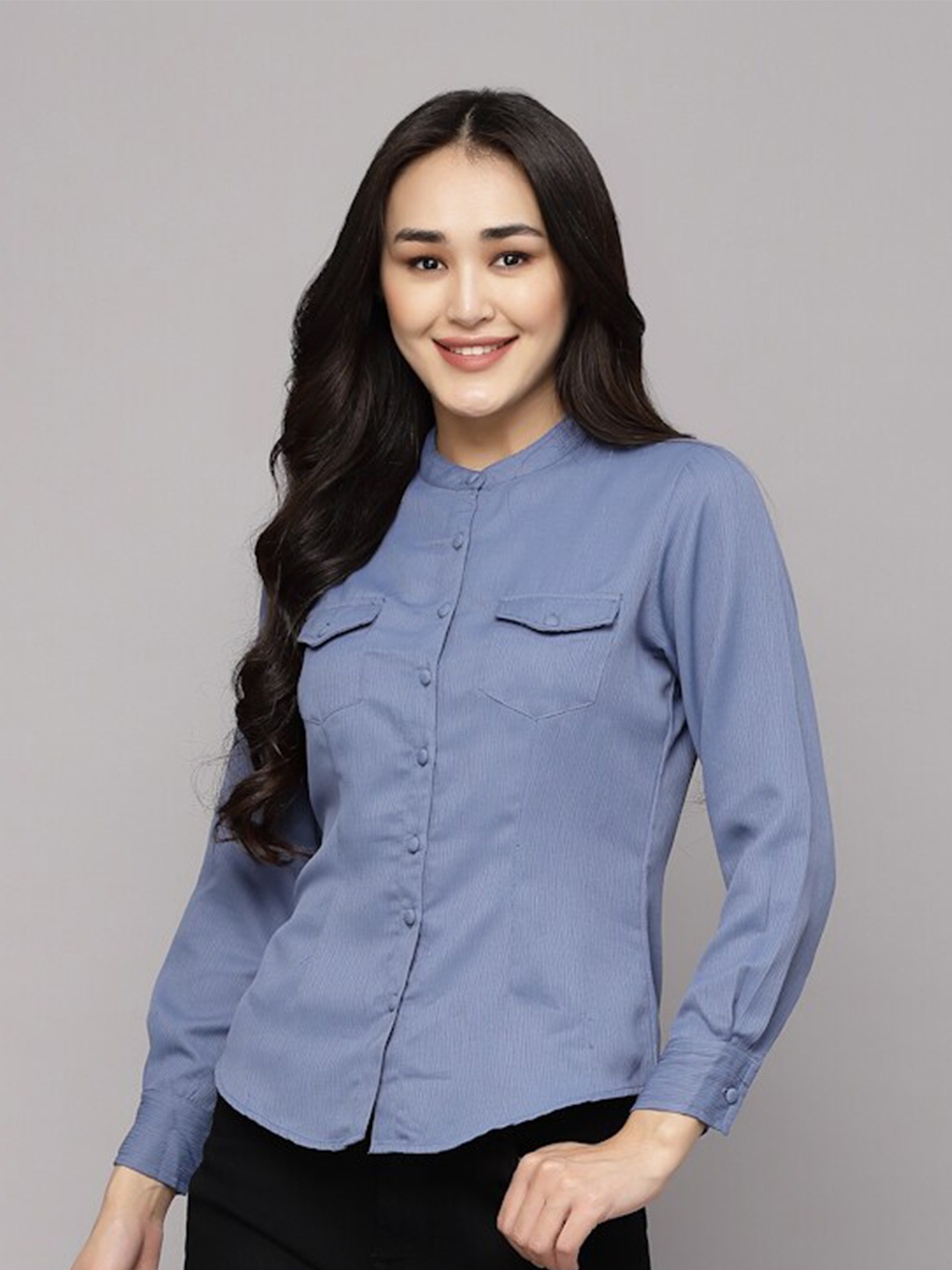 

aayu Straight Band Collar Long Sleeves Cotton Casual Shirt, Blue