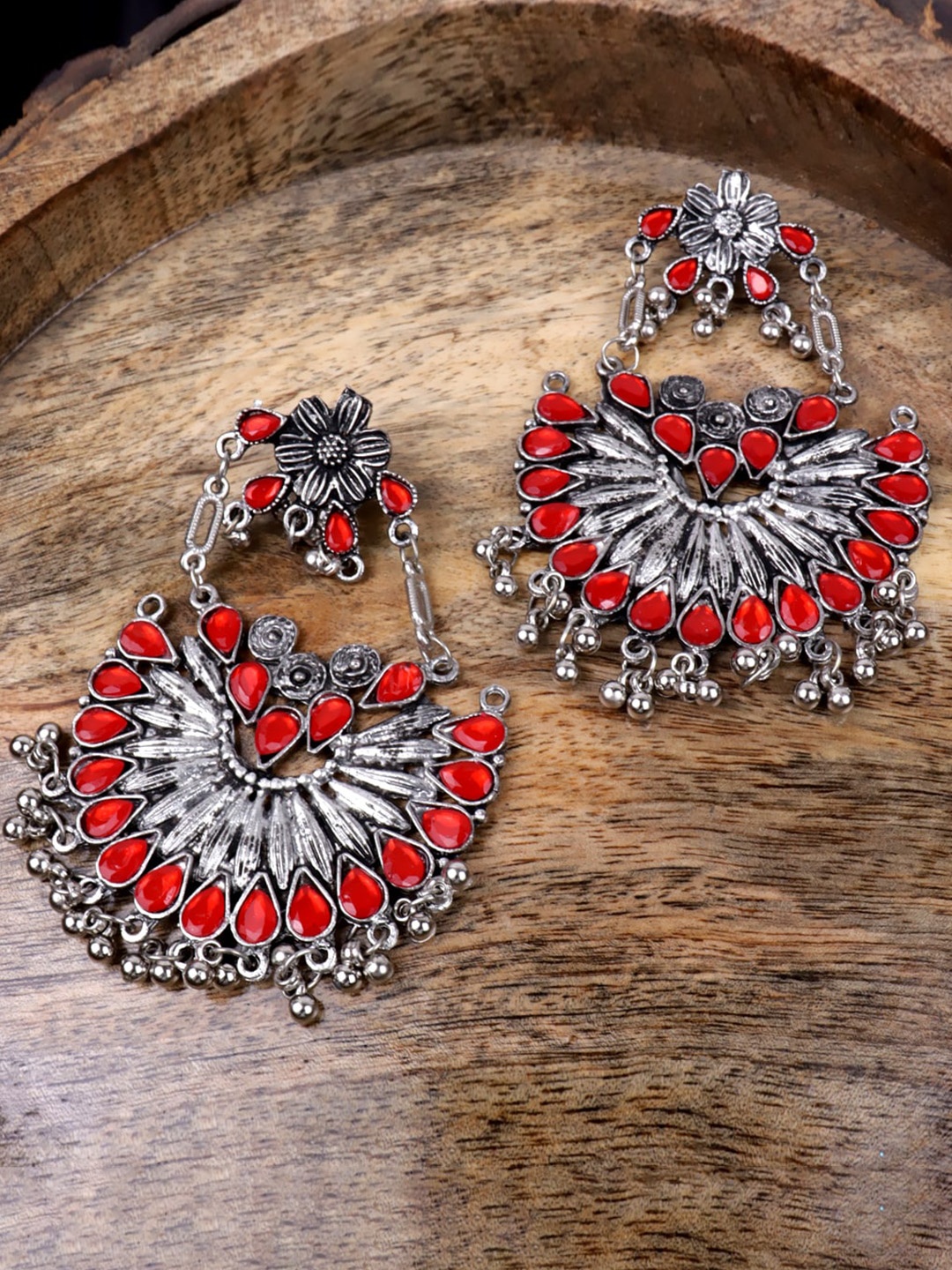 

Krelin Silver-Plated Stone Studded Oxidized Crescent Shaped Chandbalis