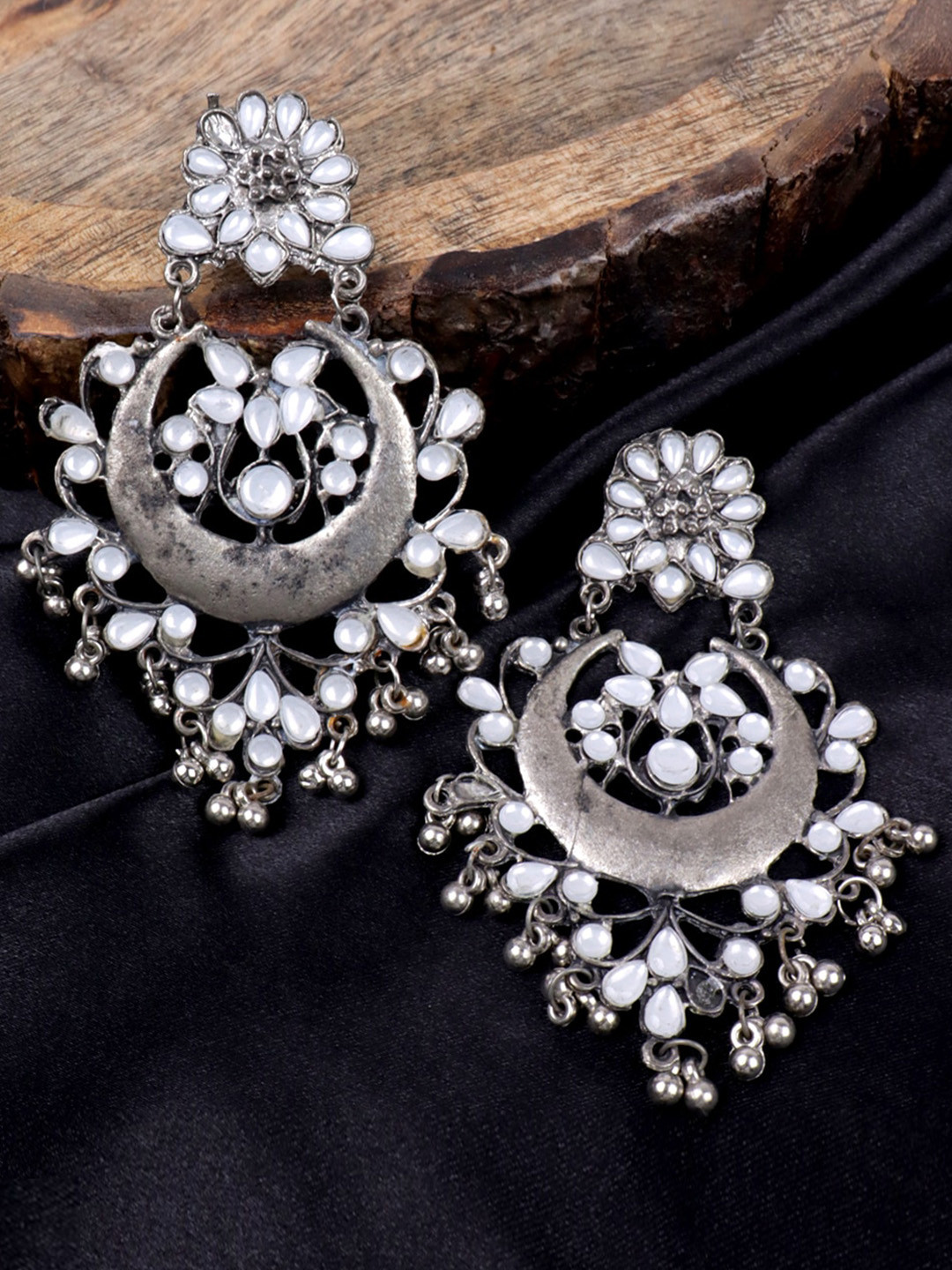 

Krelin Silver-Plated Stone Studded Floral Design Drop Earrings