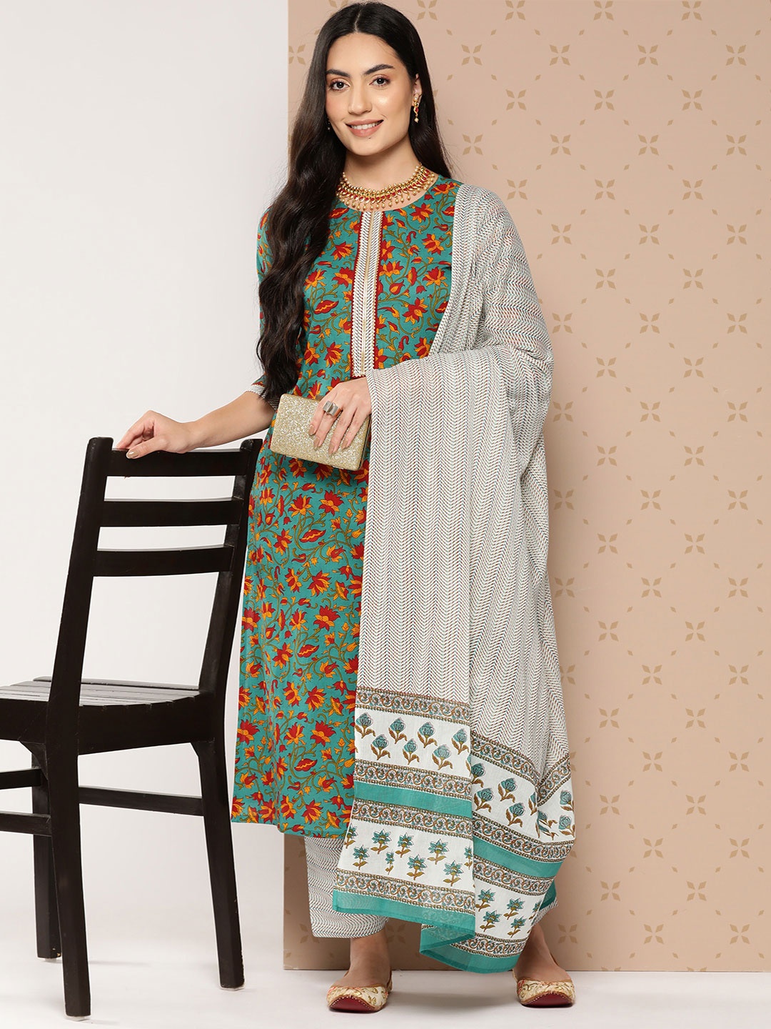 

Yufta Floral Printed Regular Pure Cotton Kurta with Palazzos & With Dupatta, Sea green