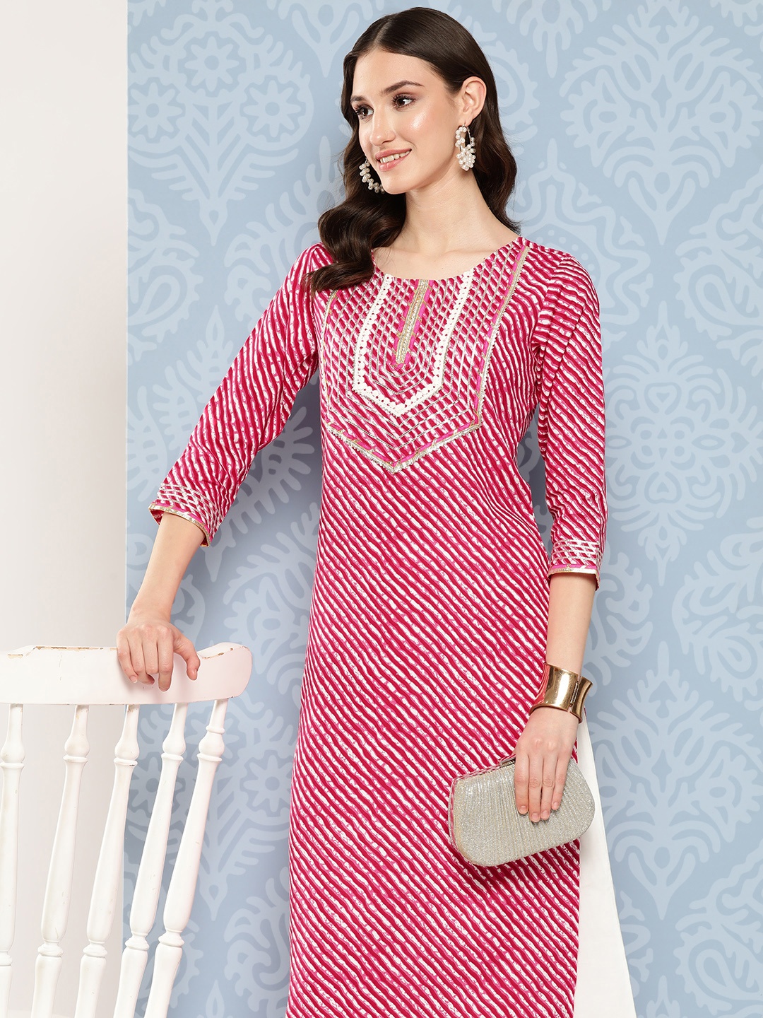 

Yufta Women Leheriya Printed Gotta Patti Kurta, Pink