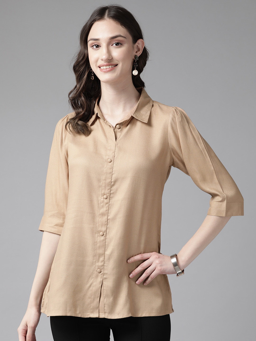 

Prakrti Women Solid Slim Fit Opaque Casual Shirt, Brown