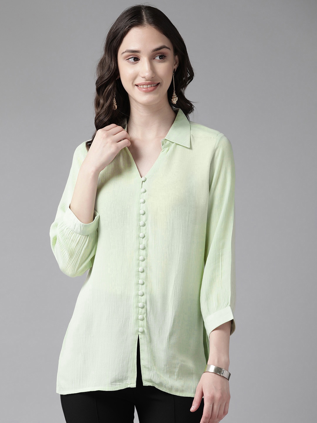 

Prakrti Solid Shirt Style Longline Top, Sea green