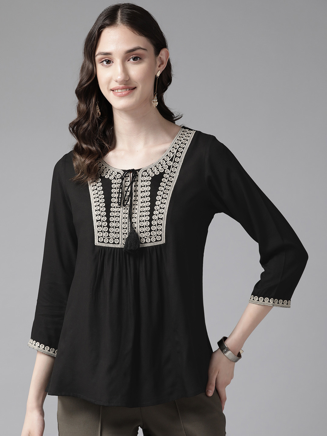

Prakrti Geometric Embroidered Tie-Up Neck Top, Black