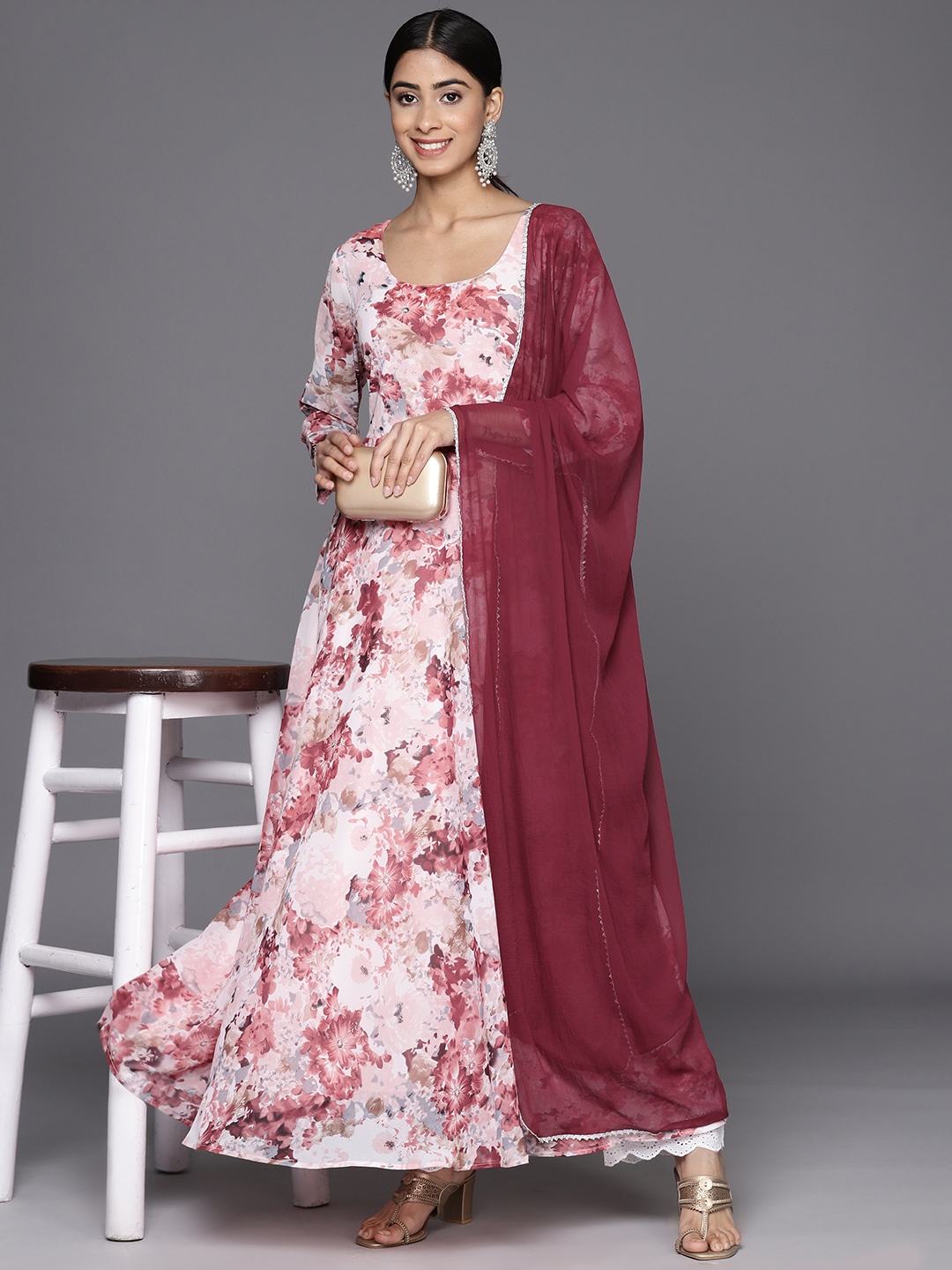 

Varanga Floral Printed Floral Georgette Anarkali Kurta With Dupatta, Pink