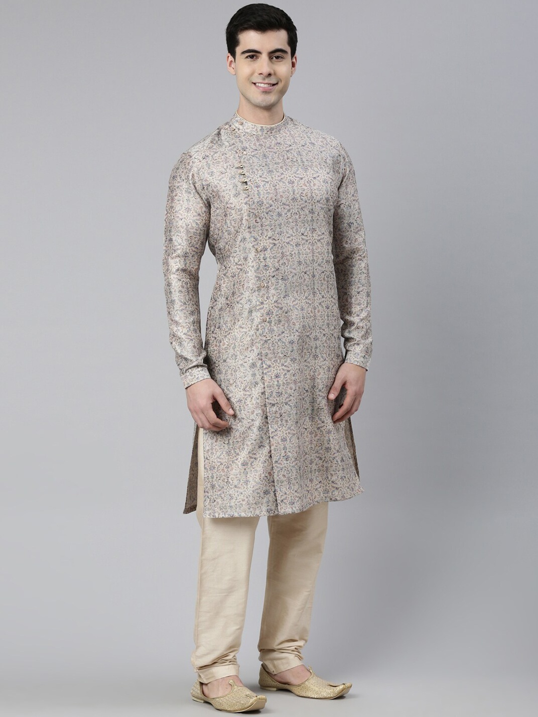 

TheEthnic.Co Floral Block Printed Angrakha Chanderi Silk Kurta With Churidar, Off white