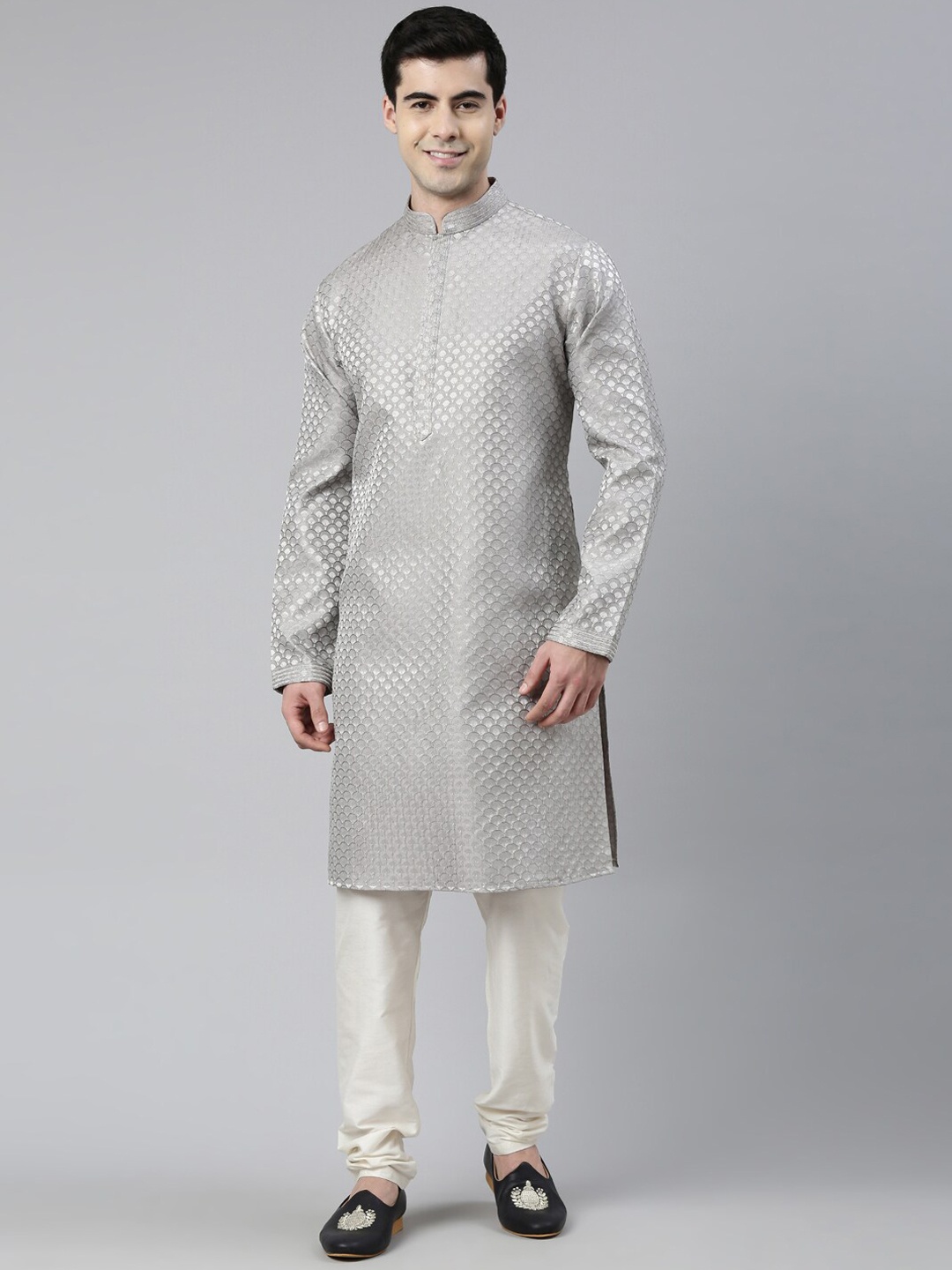 

TheEthnic.Co Geometric Woven Design Kurta With Churidar, Grey