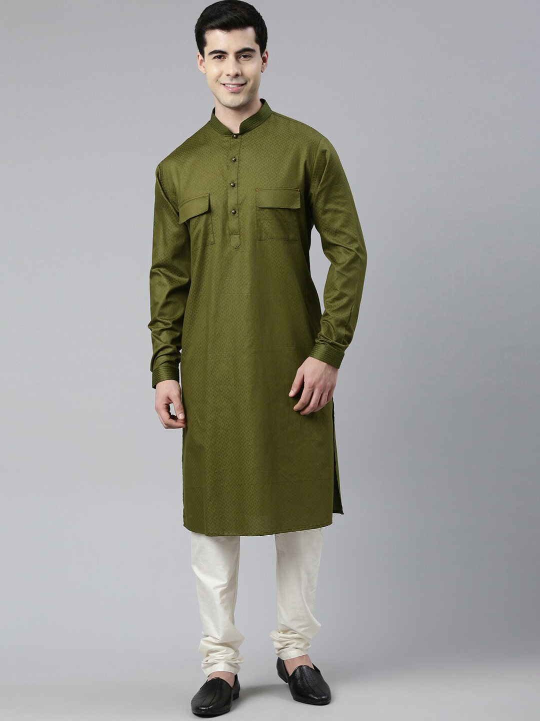 

TheEthnic.Co Geometric Woven Design Pathani Pure Cotton Kurta With Churidar, Green