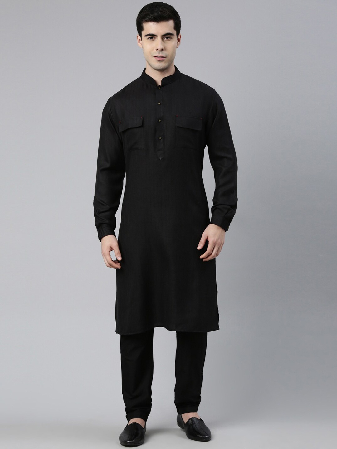 

TheEthnic.Co Mandarin Collar Pathani Pure Cotton Kurta with Trousers, Black