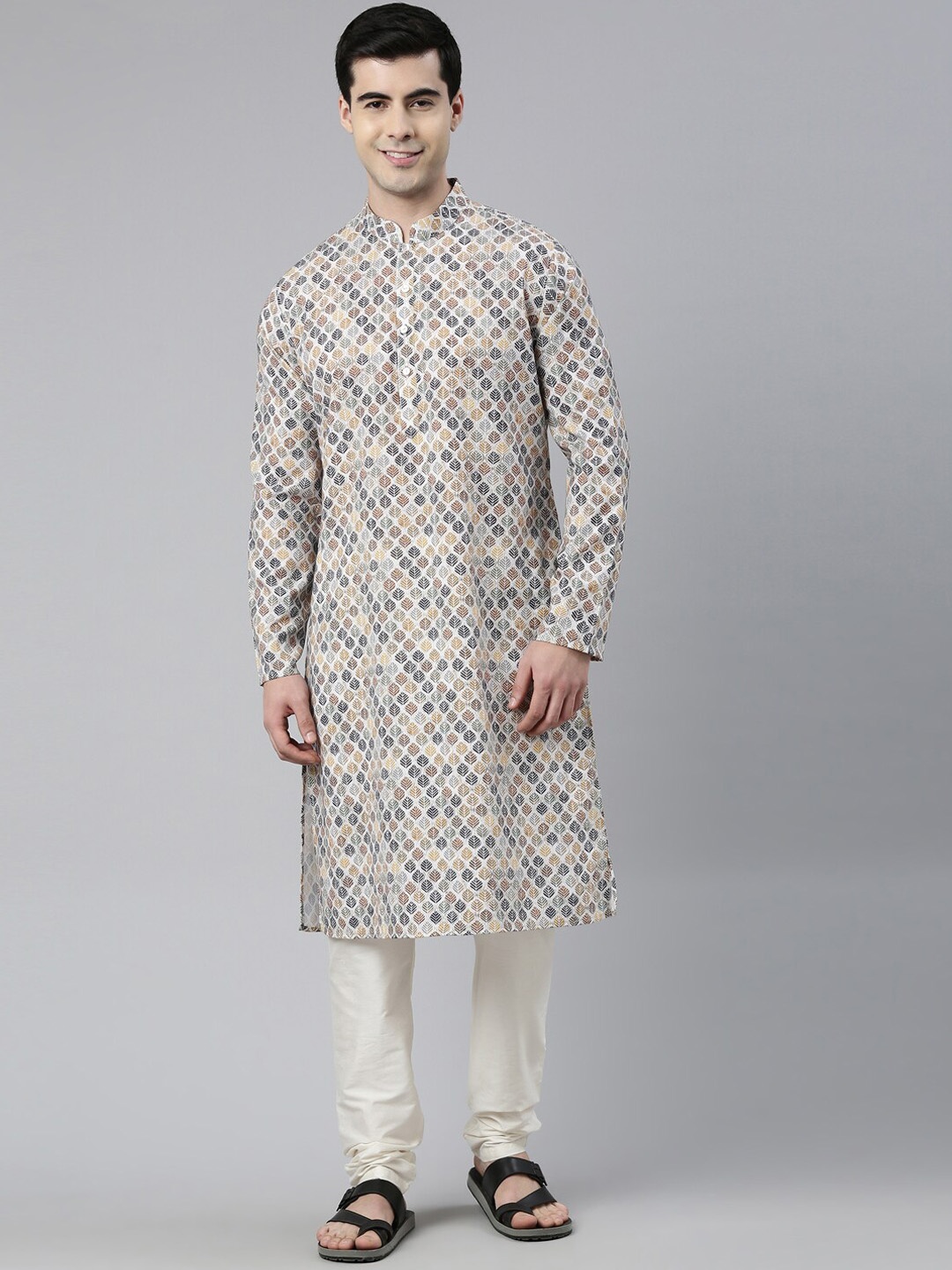 

TheEthnic.Co Ethnic Motifs Printed Pure Cotton Kurta with Churidar, Beige