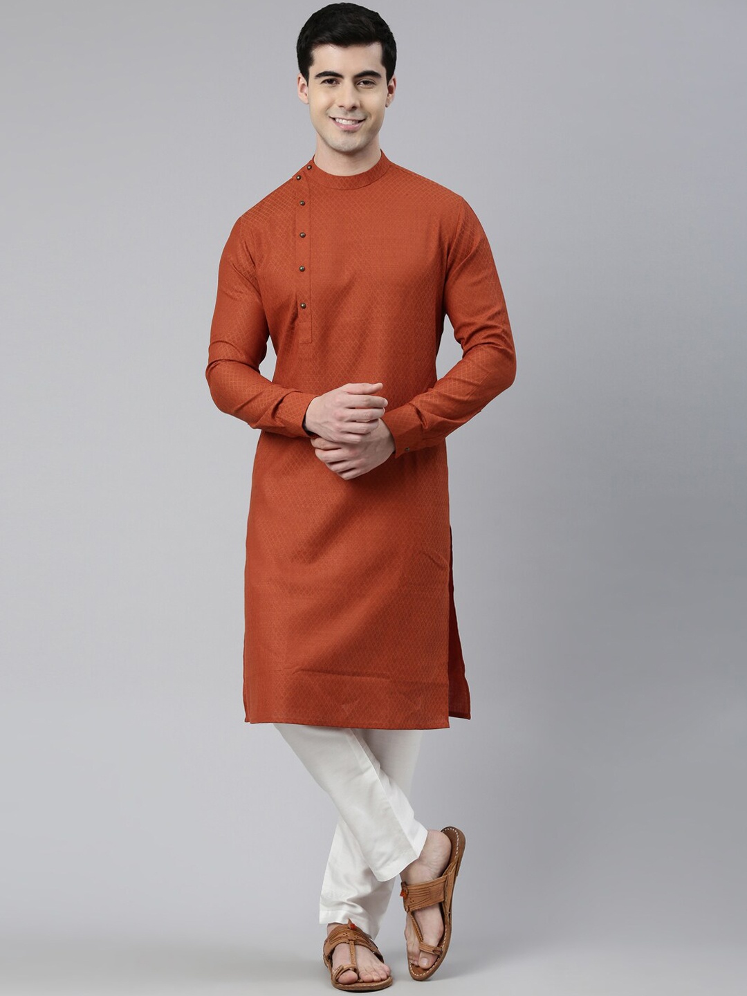 

TheEthnic.Co Ethnic Motifs Woven Design Angrakha Pure Cotton Kurta with Churidar, Rust