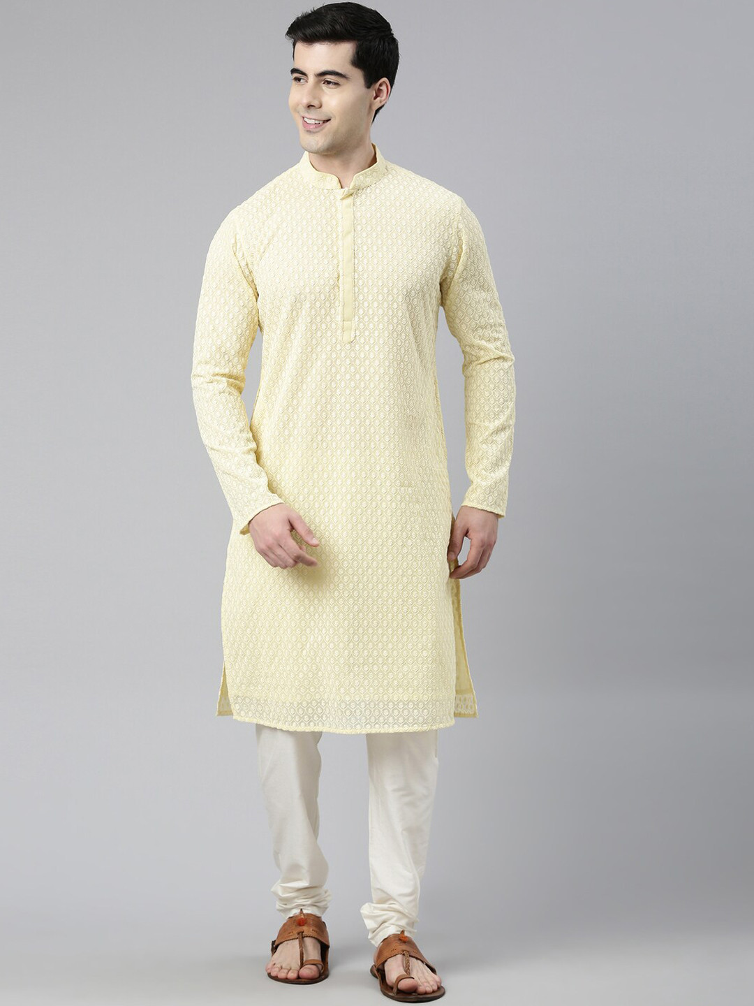 

TheEthnic.Co Floral Chikankari Embroidered Kurta With Churidar, Yellow