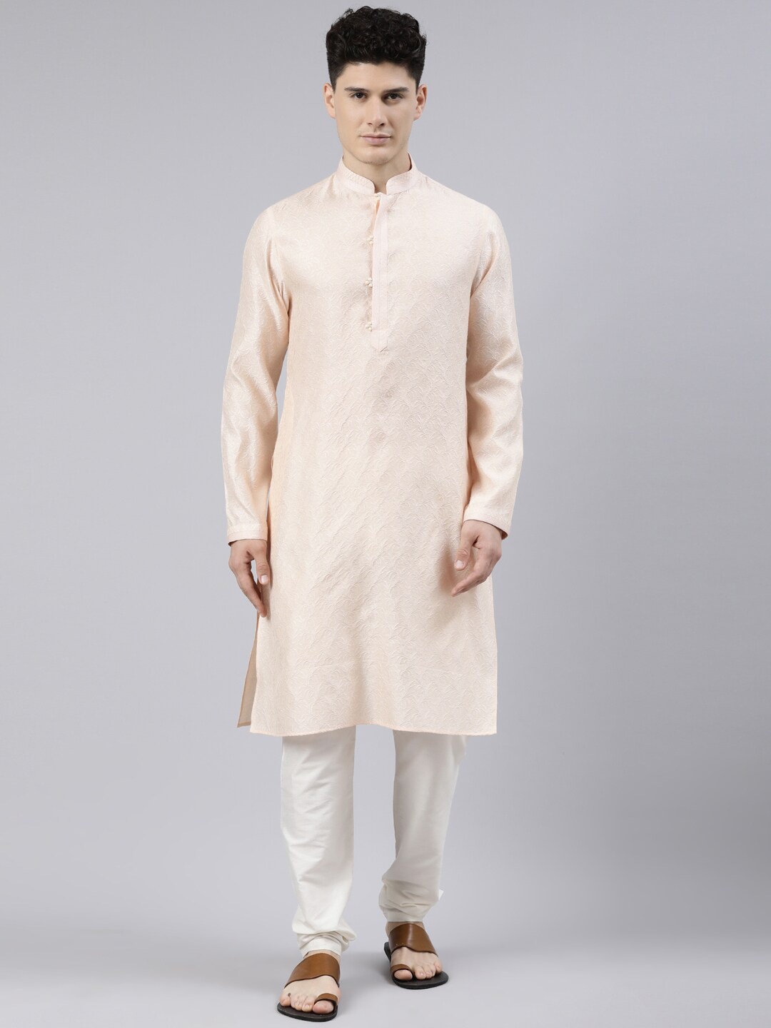 

TheEthnic.Co Ethnic Motifs Woven Design Jacquard Pure Cotton Kurta With Churidar, Peach