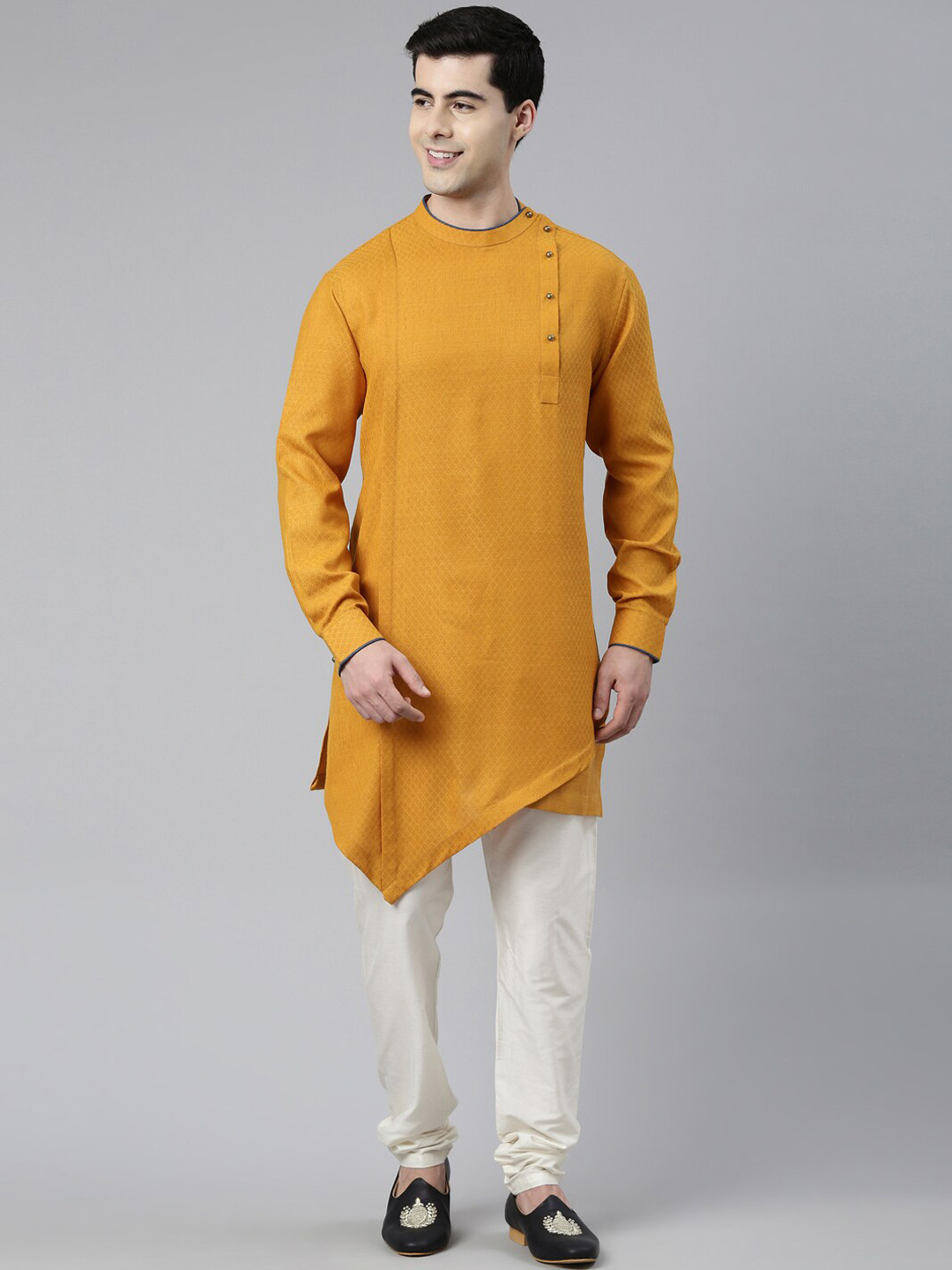 

TheEthnic.Co Geometric Woven Design Pure Cotton Kurta With Churidar, Mustard
