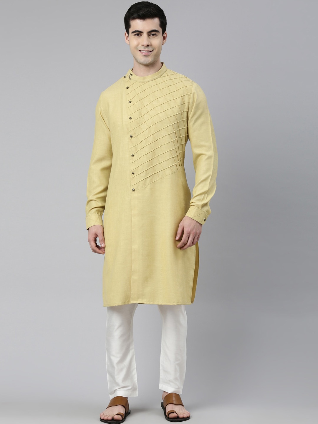 

TheEthnic Co Self Design Angrakha Pure Cotton Kurta with Churidar, Beige
