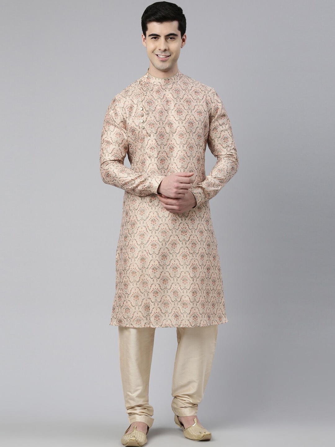 

TheEthnic.Co Ethnic Motifs Printed Angrakha Kurta with Churidar, Beige