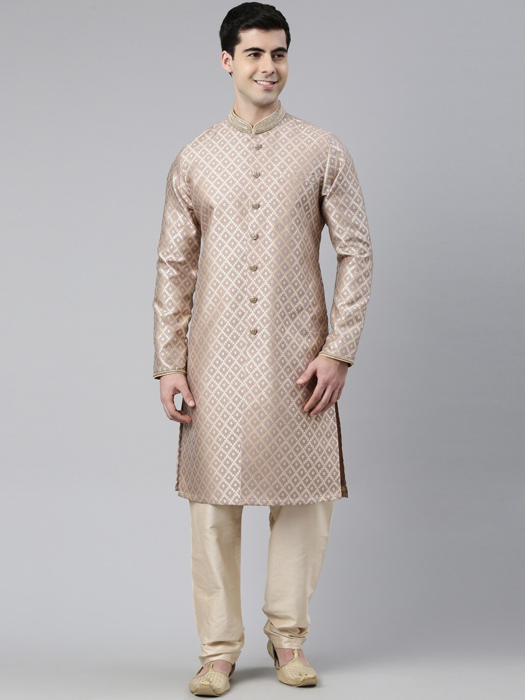 

TheEthnic.Co Geometric Woven Design Kurta With Churidar, Gold