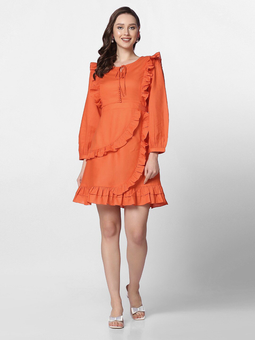 

Selvia Tie-Up Neck Puff Sleeve Ruffed Detail Cotton Mini Dress, Orange