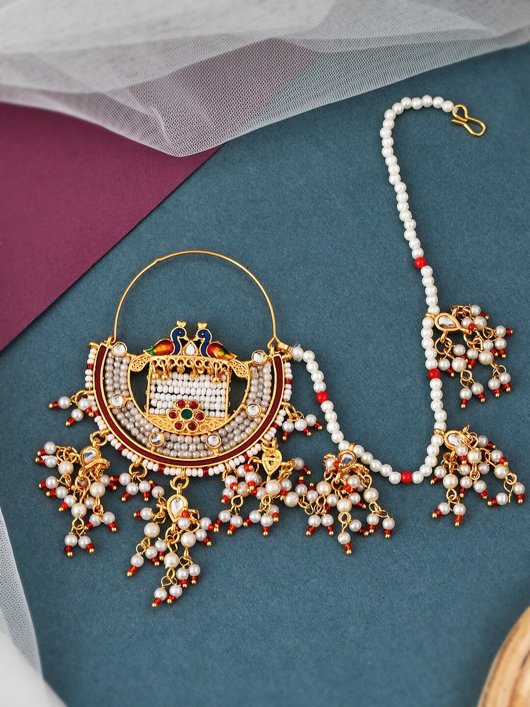 

Silvermerc Designs Gold-Plated Pearls Beaded Enamelled Nosepin