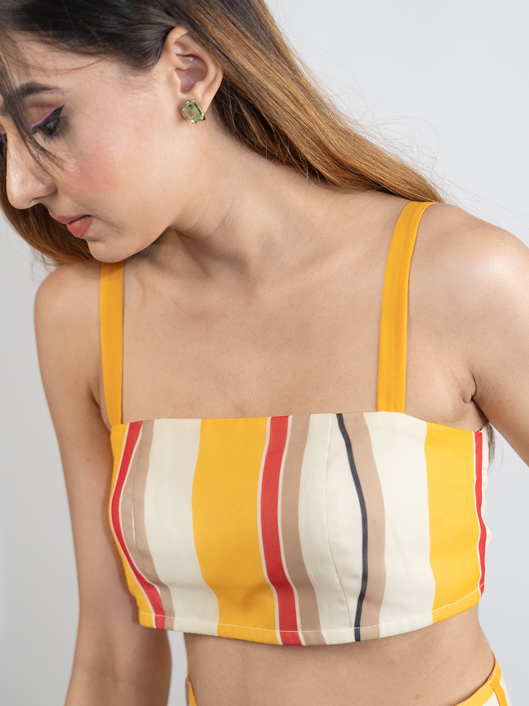 

POPPI Vertical Striped Fitted Crop Top With Smocked Details, Yellow