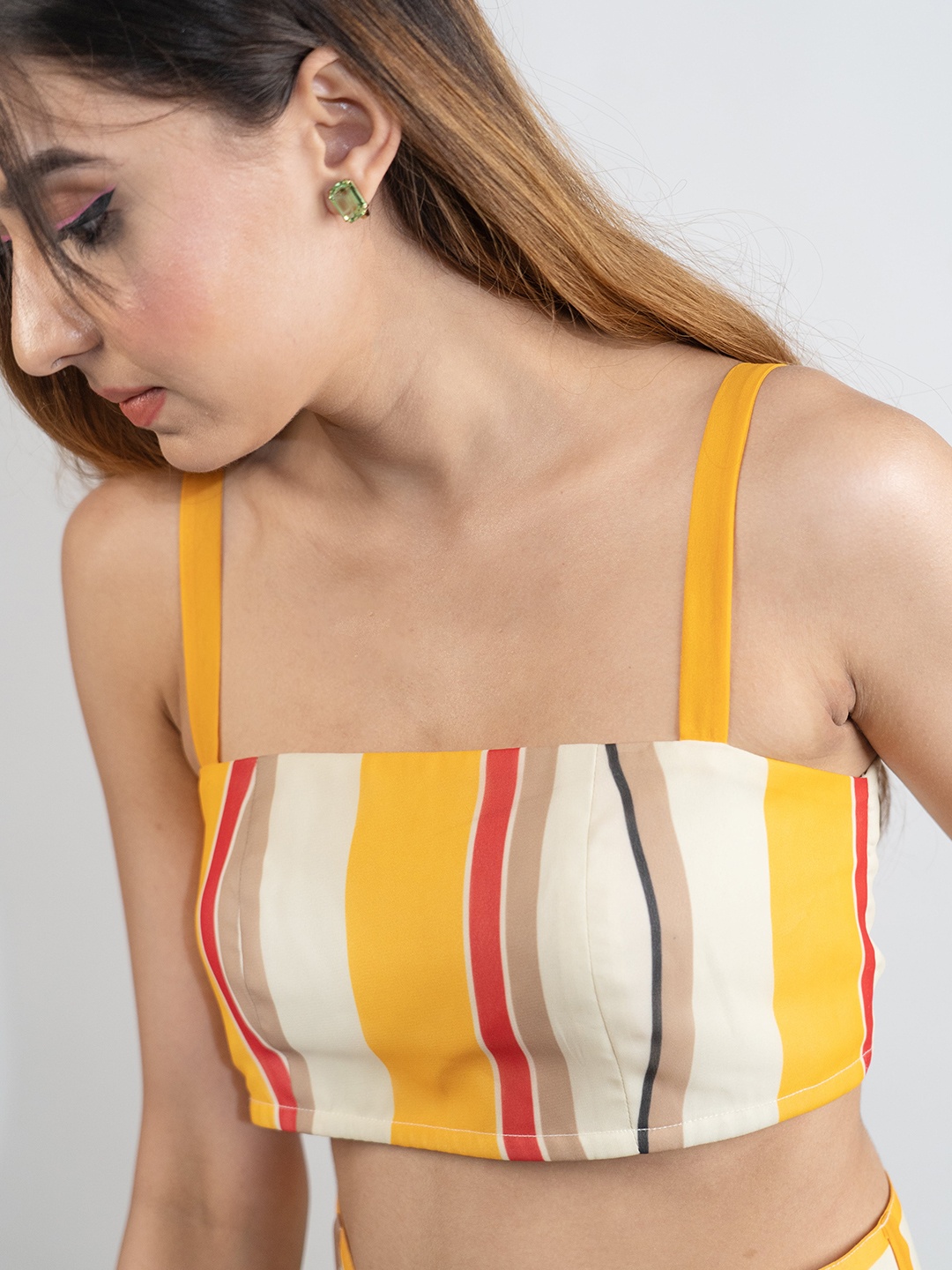 

POPPI Vertical Striped Fitted Crop Top With Smocked Details, Yellow