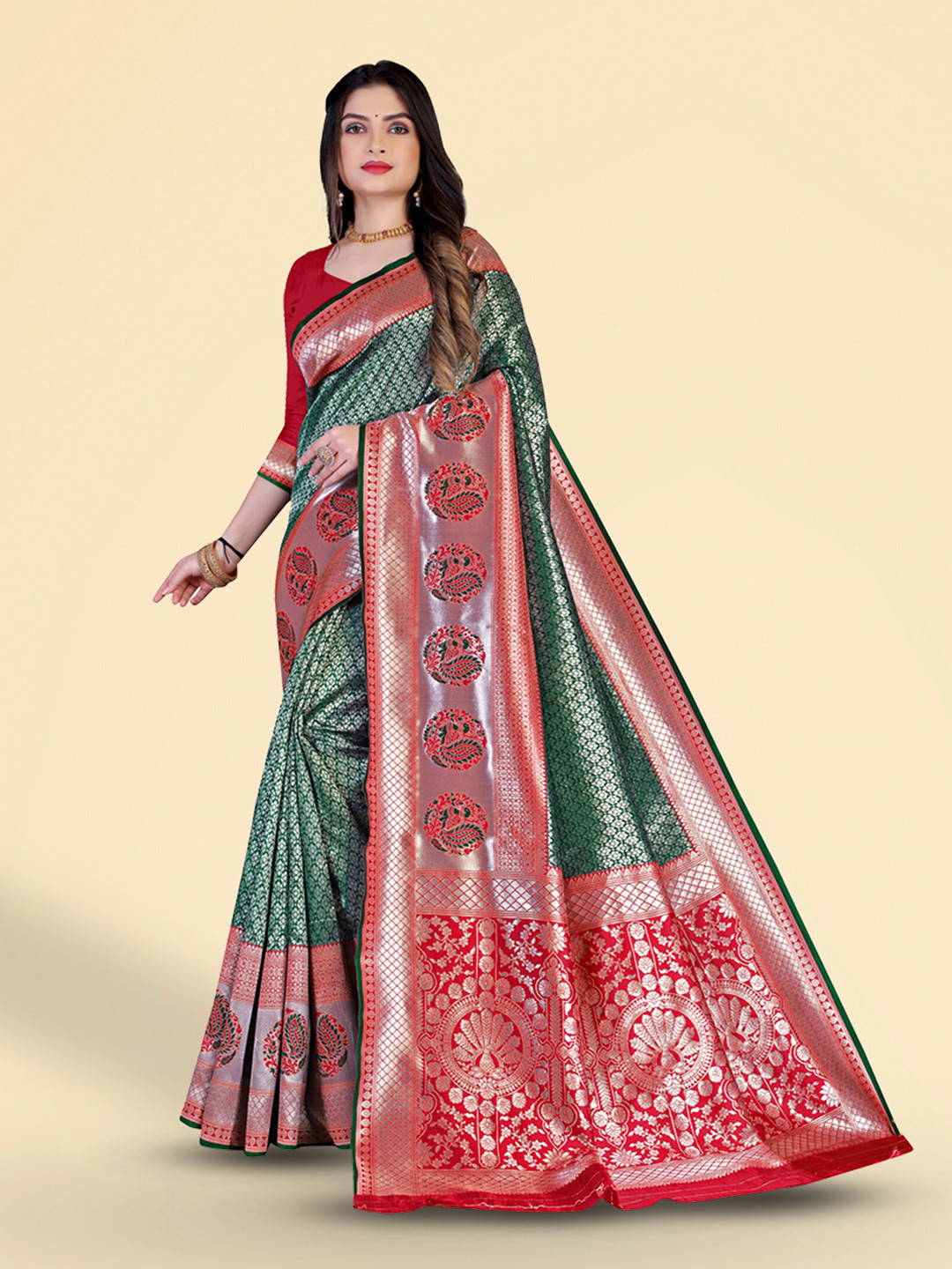 

N N ENTERPRISE Ethnic Woven Design Kanjeevaram Saree, Green