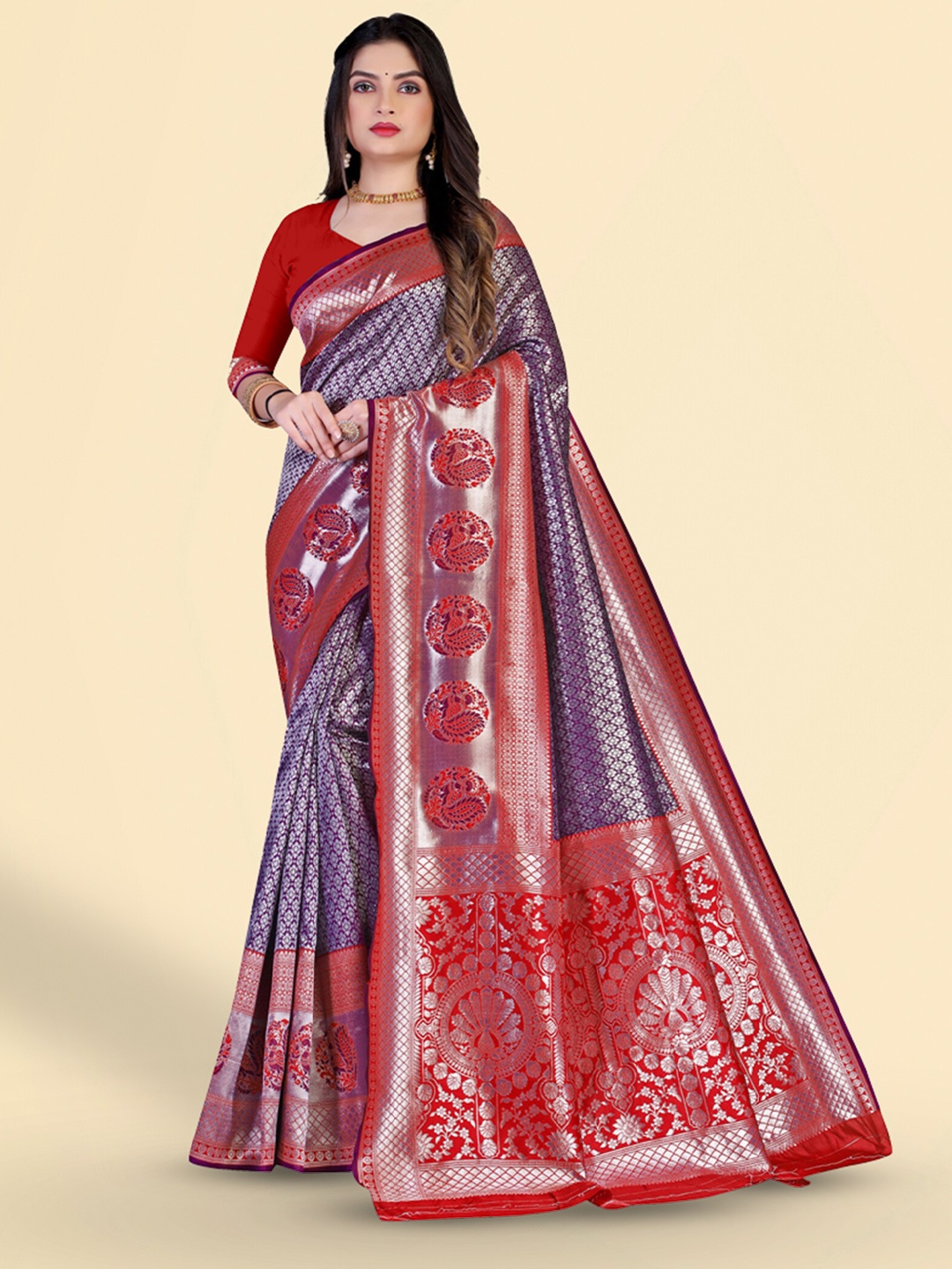 

N N ENTERPRISE Woven Design Zari Kanjeevaram Saree, Purple