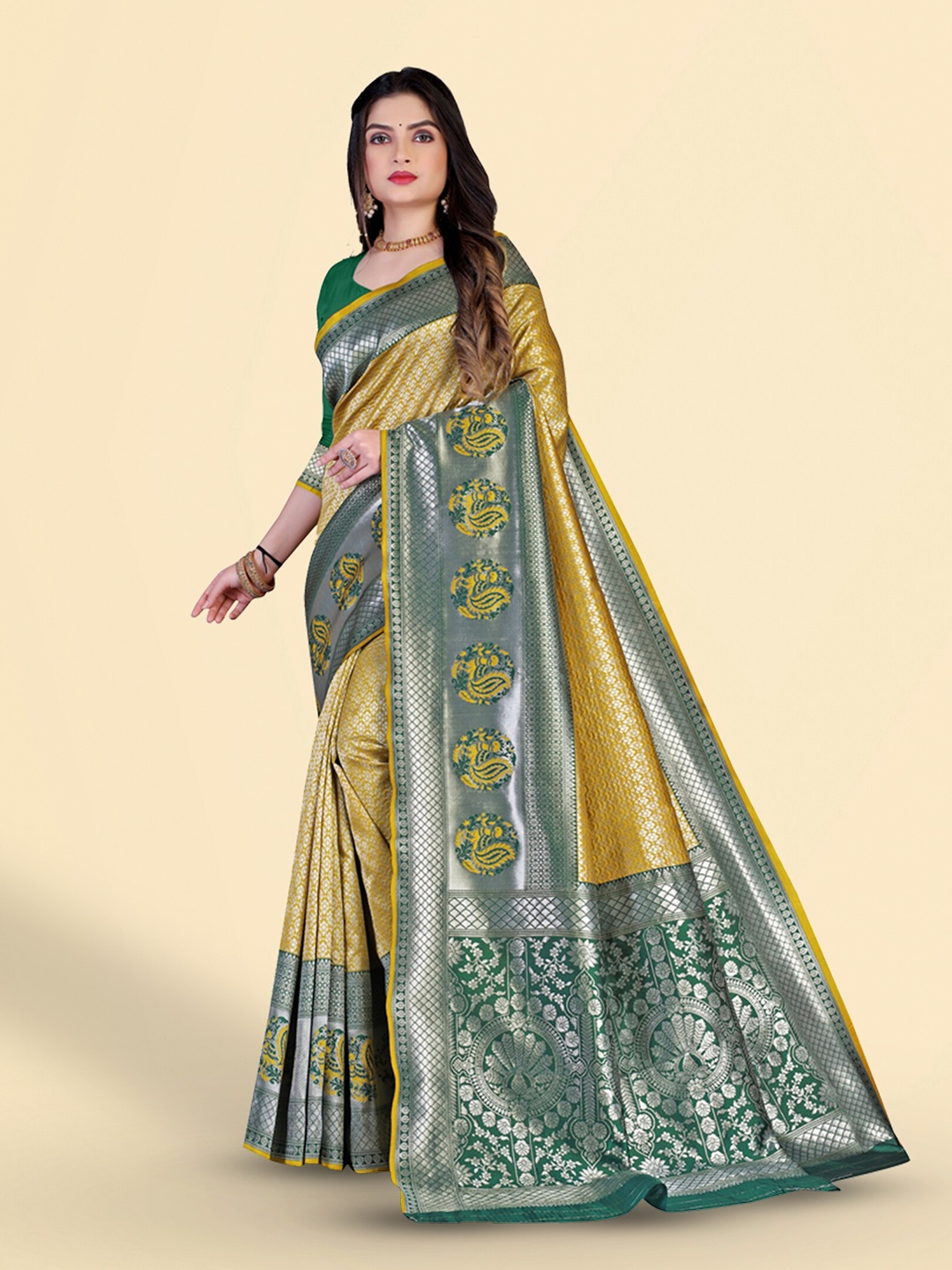 

N N ENTERPRISE Ethnic Motifs Woven Design Kanjeevaram Saree, Yellow