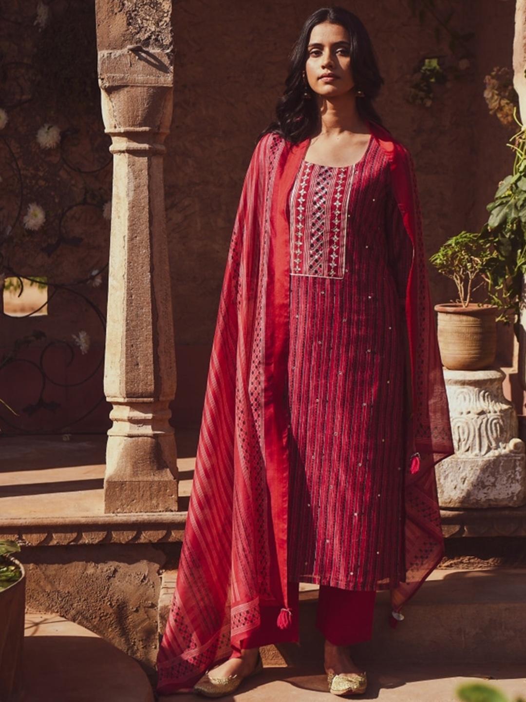 

KARAJ JAIPUR Striped Mirror Work Straight Kurta With Trousers & Dupatta, Red