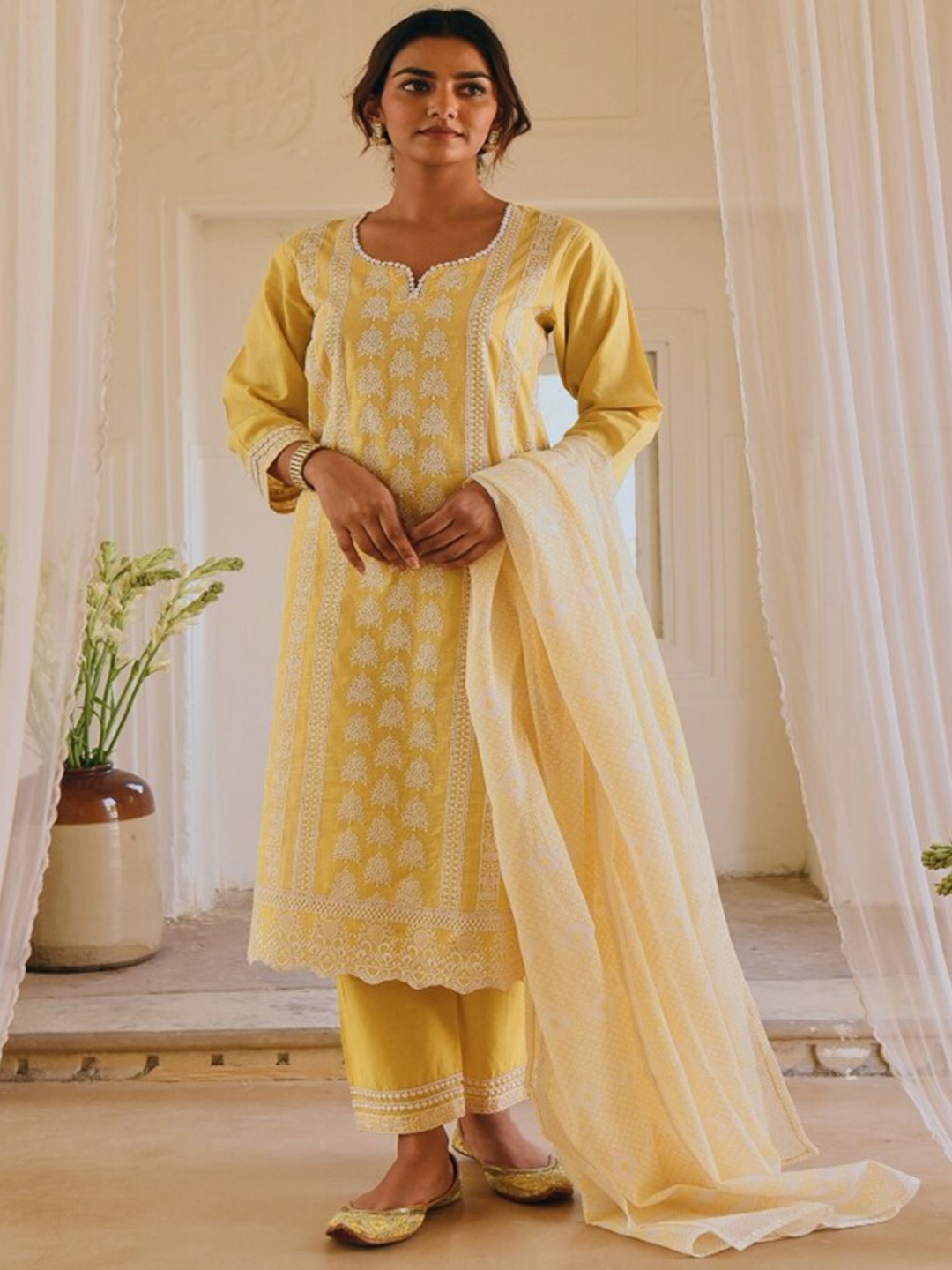 

KARAJ JAIPUR Ethnic Motifs Embroidered Pure Cotton Kurta & Trousers With Dupatta, Yellow