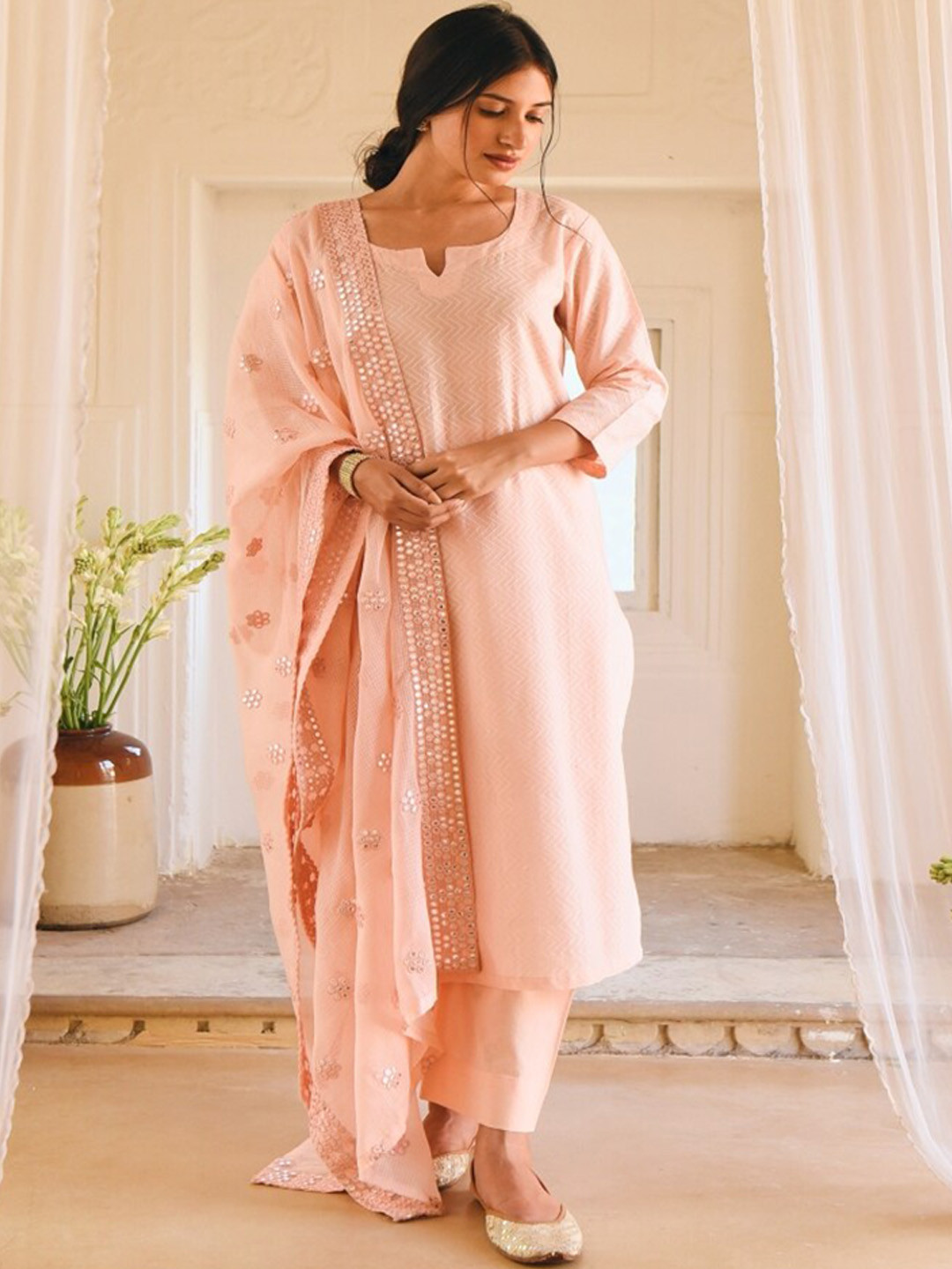 

KARAJ JAIPUR Chevron Embroidered Pure Cotton Kurta with Trousers & Dupatta, Peach